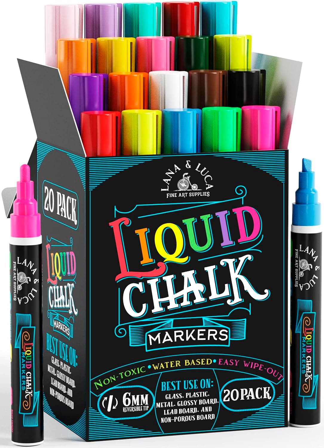 LANA & LUCA Liquid Chalk Markers for Blackboards - Bold Color Dry Erase Marker Pens - Chalk Markers for Chalkboards Signs, Windows, Blackboard, Glass - 6mm Reversible Tip (20 Pack)
