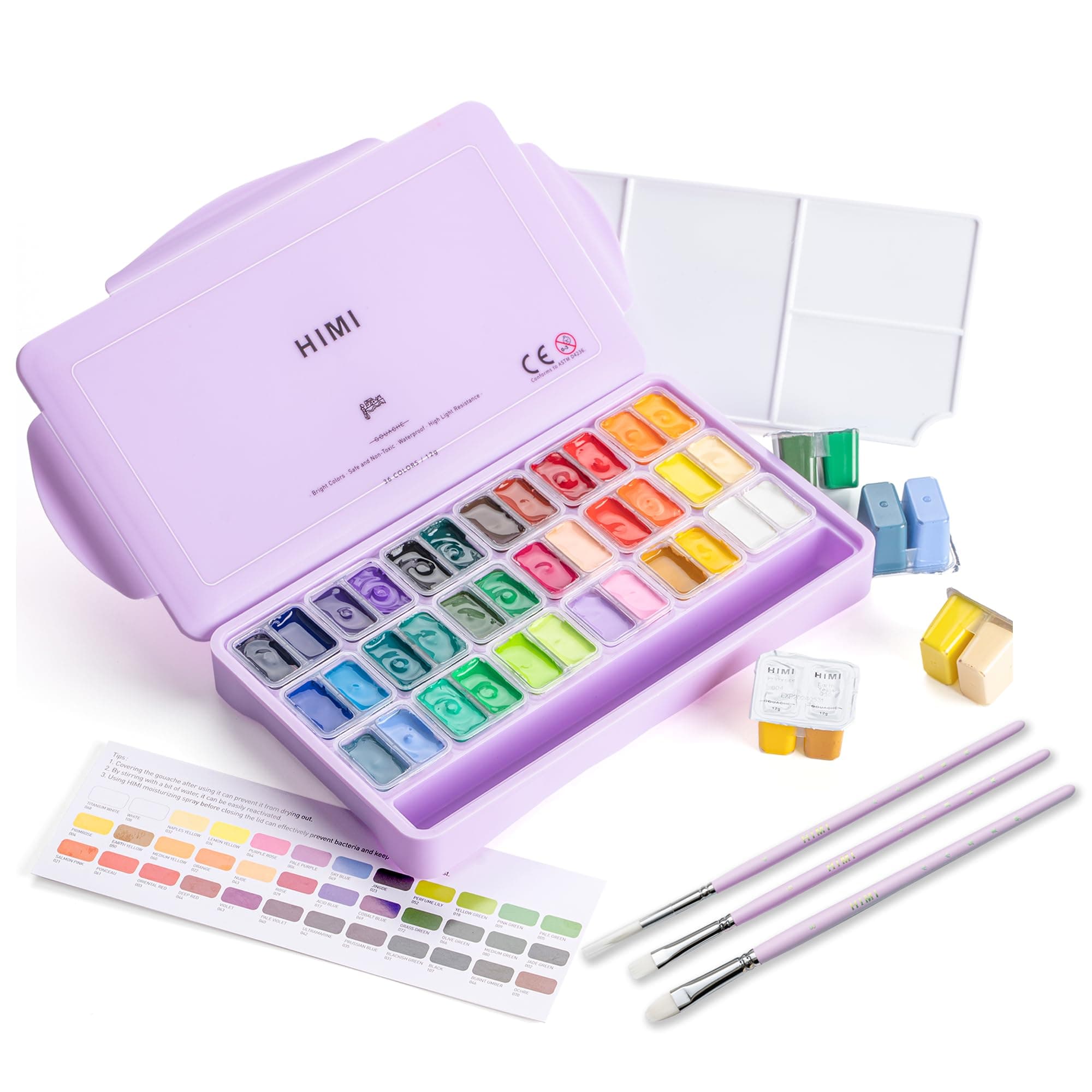 Twin Cup Jelly Gouache Paint Set with 3 Paint Brushes, 36 Colors 12g, Jelly Cup Design, Non Toxic Paint for Canvas and Paper, Art Supplies for Professionals (Purple Case)