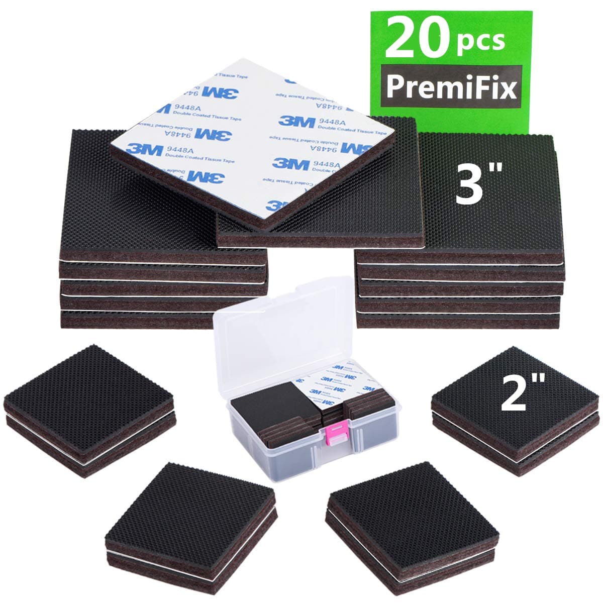 Non Slip Furniture Rubber Pads 20 Pieces 3"+2" inch Square Anti Slip Furniture Pads Hardwood Sofa Bed Stopper Self Adhesive Anti Skid 7mm Thick Furniture Protector for Hardwood Floor in a Box