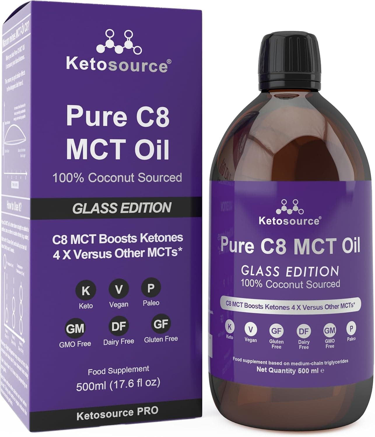 Ketosource Premium C8 MCT Oil | Boosts Ketones 3X More Than Other MCTs | Highest Purity C8 MCT Available 99.8% | Paleo & Vegan Friendly | Gluten Free | Pure Caprylic Acid | ® (17.6oz Glass)