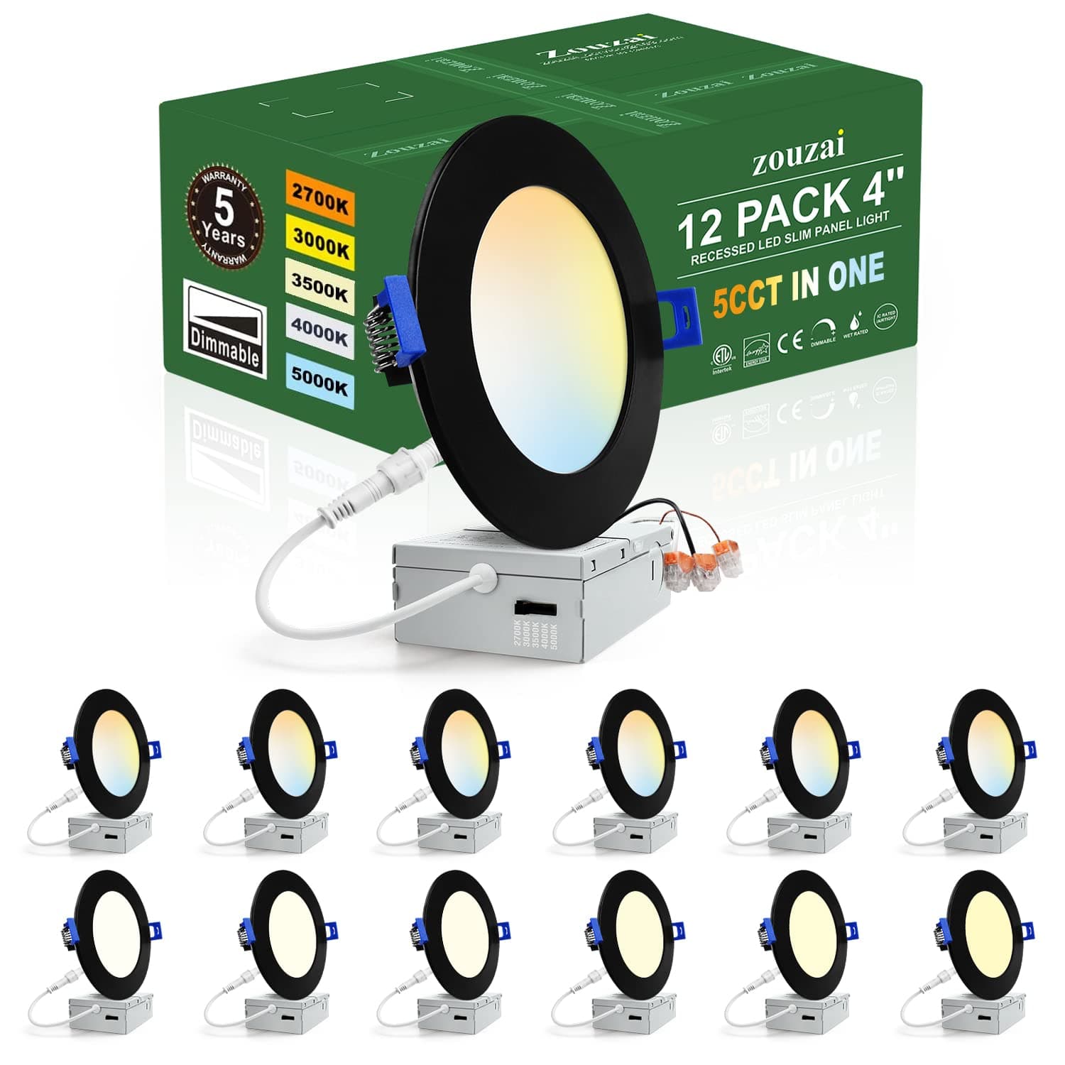 zouzai 12 Pack 4 Inch Black 5CCT Reset Ultra-Thin LED Recessed Ceiling Light with Junction Box, 2700K/3000K/3500K/4000K/5000K Selectable, 9W Dimmable, led can Lights - ETL and Energy Star Certified