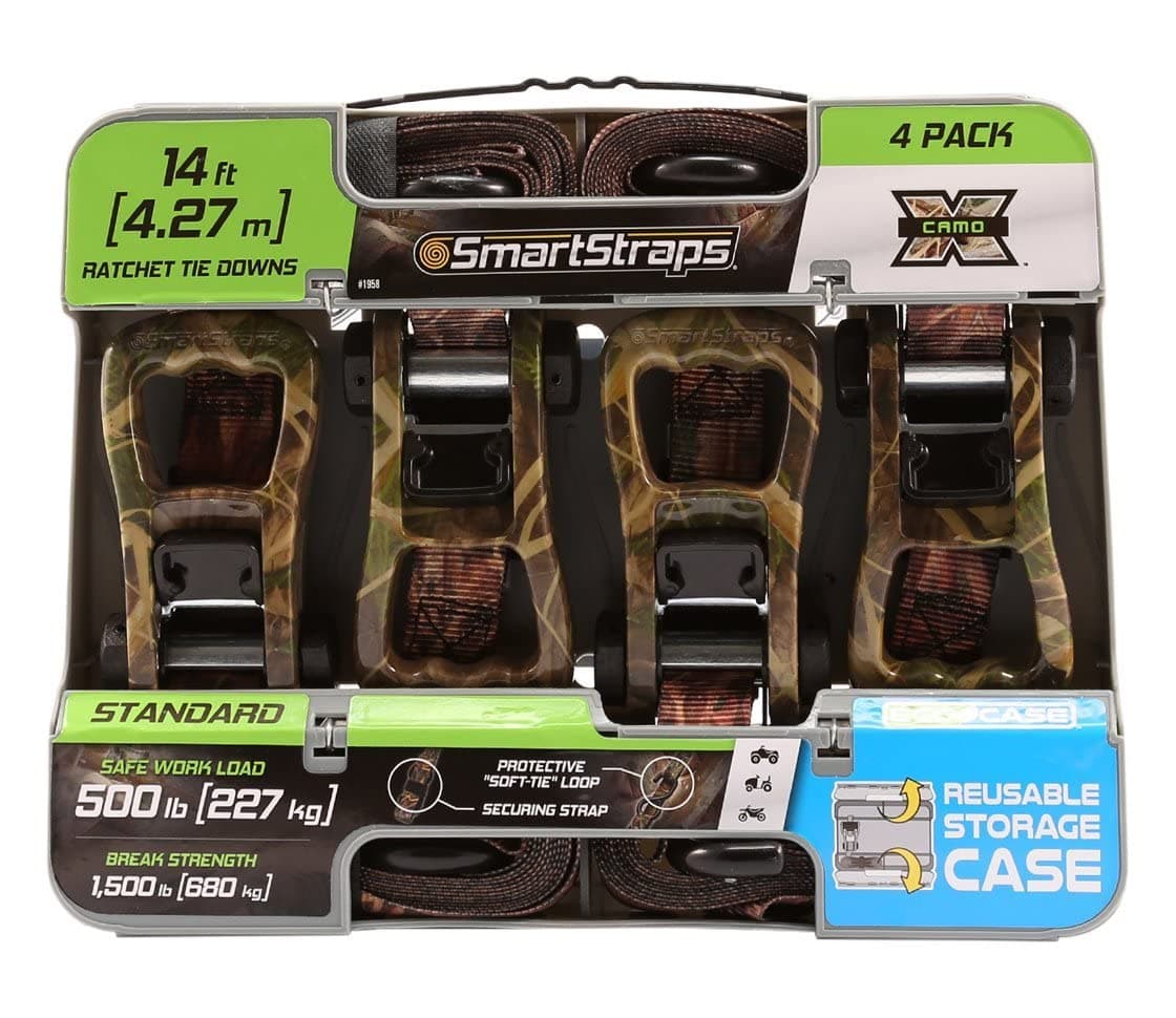 14’ Camo X Ratchet Straps, 4 Pack — Standard Duty Camo Ratchet Straps, 1,500lb Break Strength, 500lb Safe Work Load — Haul Dirt Bikes, ATVs, and Lawn Tractors with Patented Technology