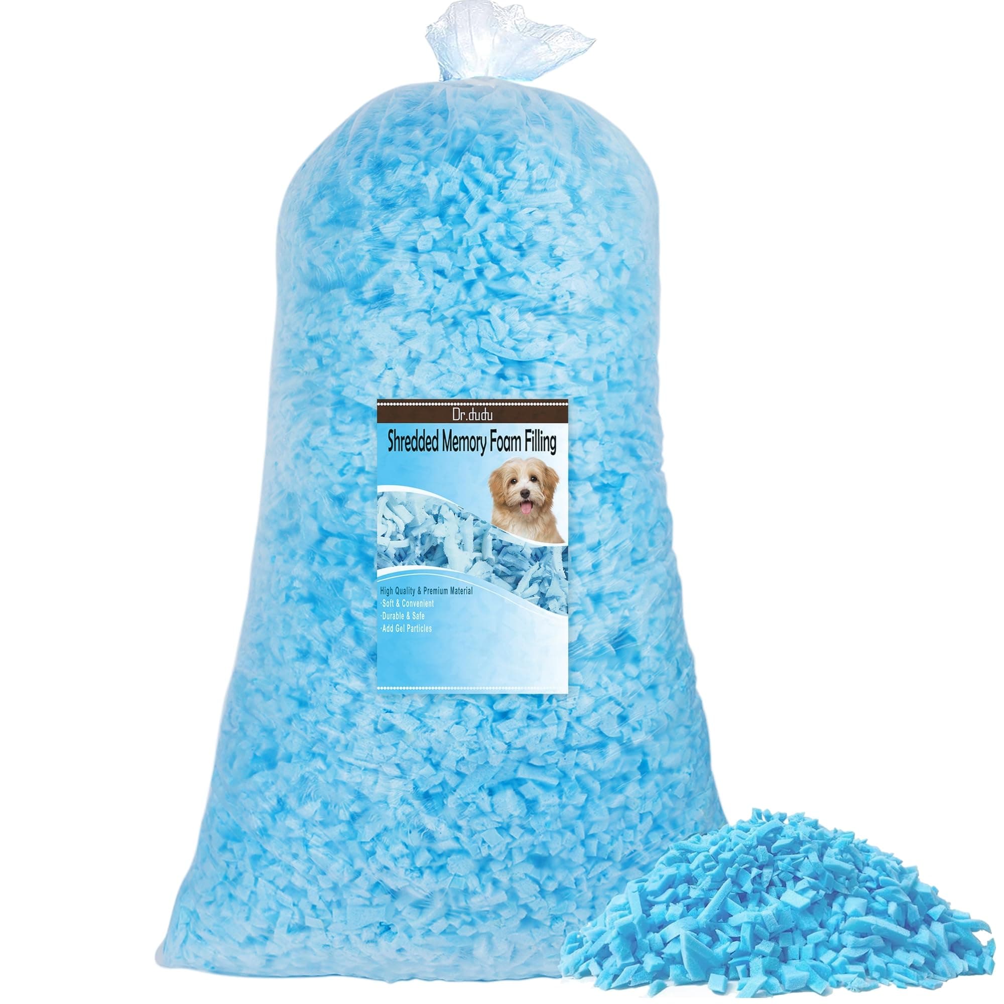 DR.DUDU 5lbs Shredded Memory Foam Filling for Bean Bag Filler, Soft and Convenient Pillow Stuffing Foam for Couch Cushion Dog Bed Chair Arts Crafts, Added Gel Particles (Blue)