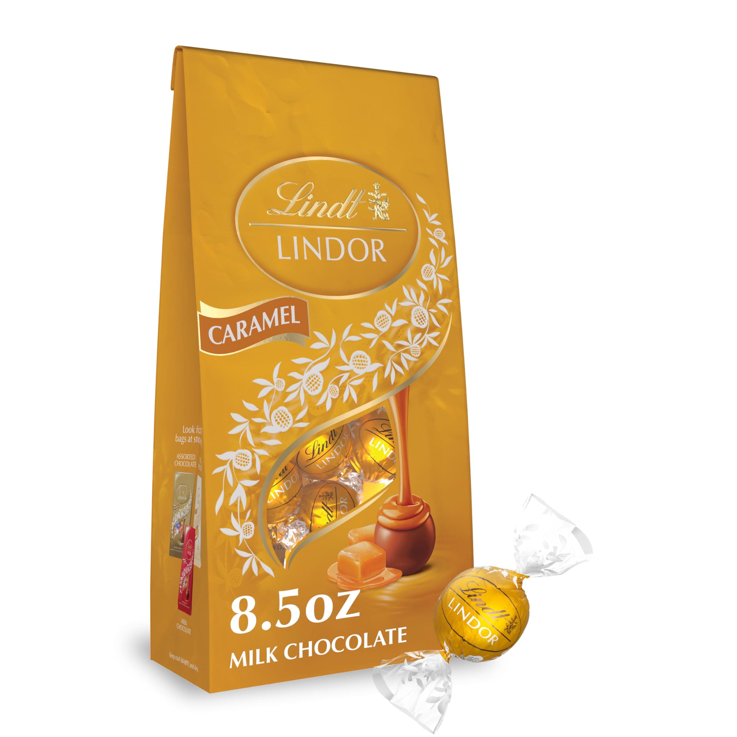 LINDOR Caramel Milk Chocolate Candy Truffles, Chocolates with Smooth, Melting Truffle Center, 8.5 oz. Bag