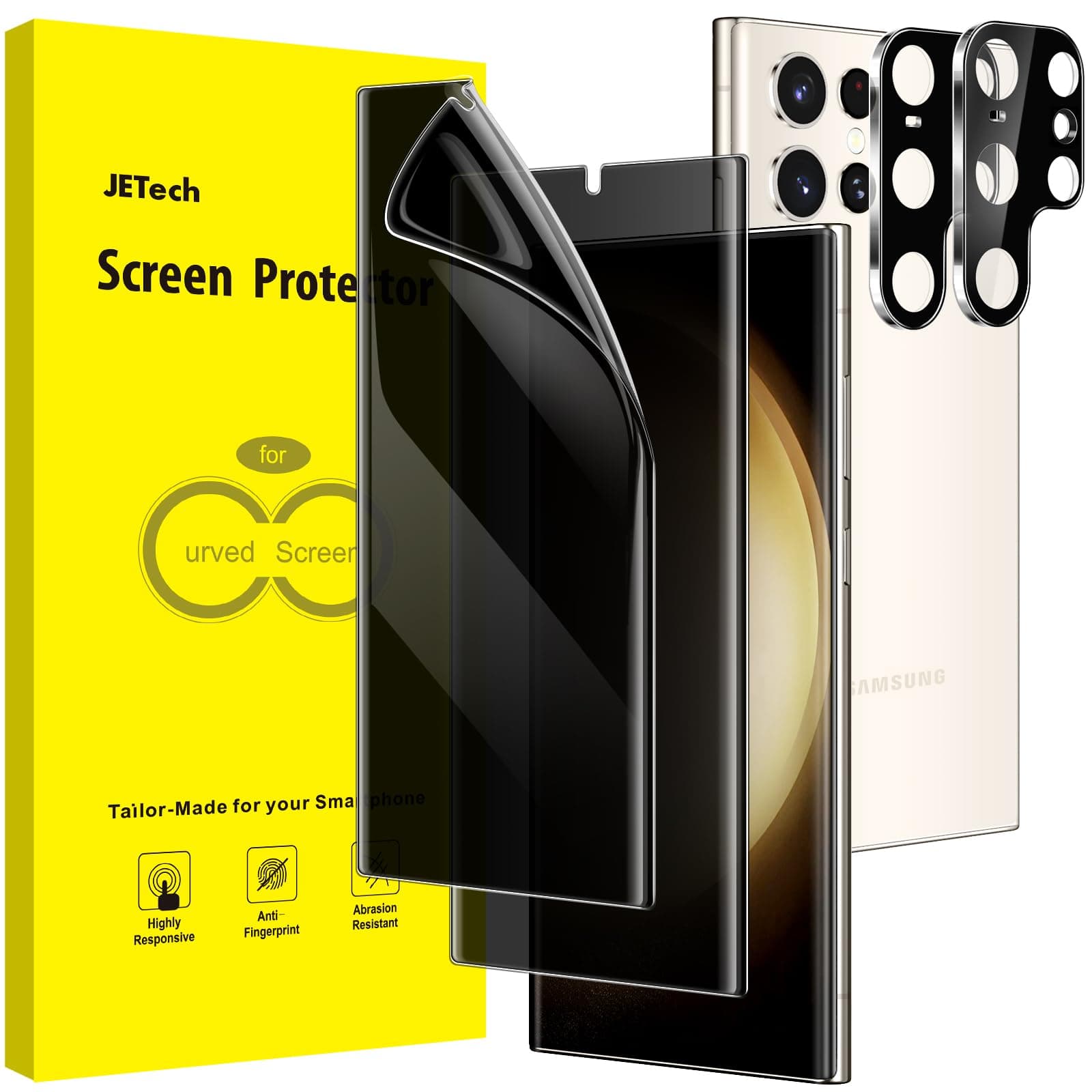 JETech Privacy Screen Protector for Samsung Galaxy S23 Ultra 5G 6.8-Inch with Camera Lens Protector, Anti-Spy Flexible TPU Film, Fingerprint Unlock Compatible, 2-Pack Each