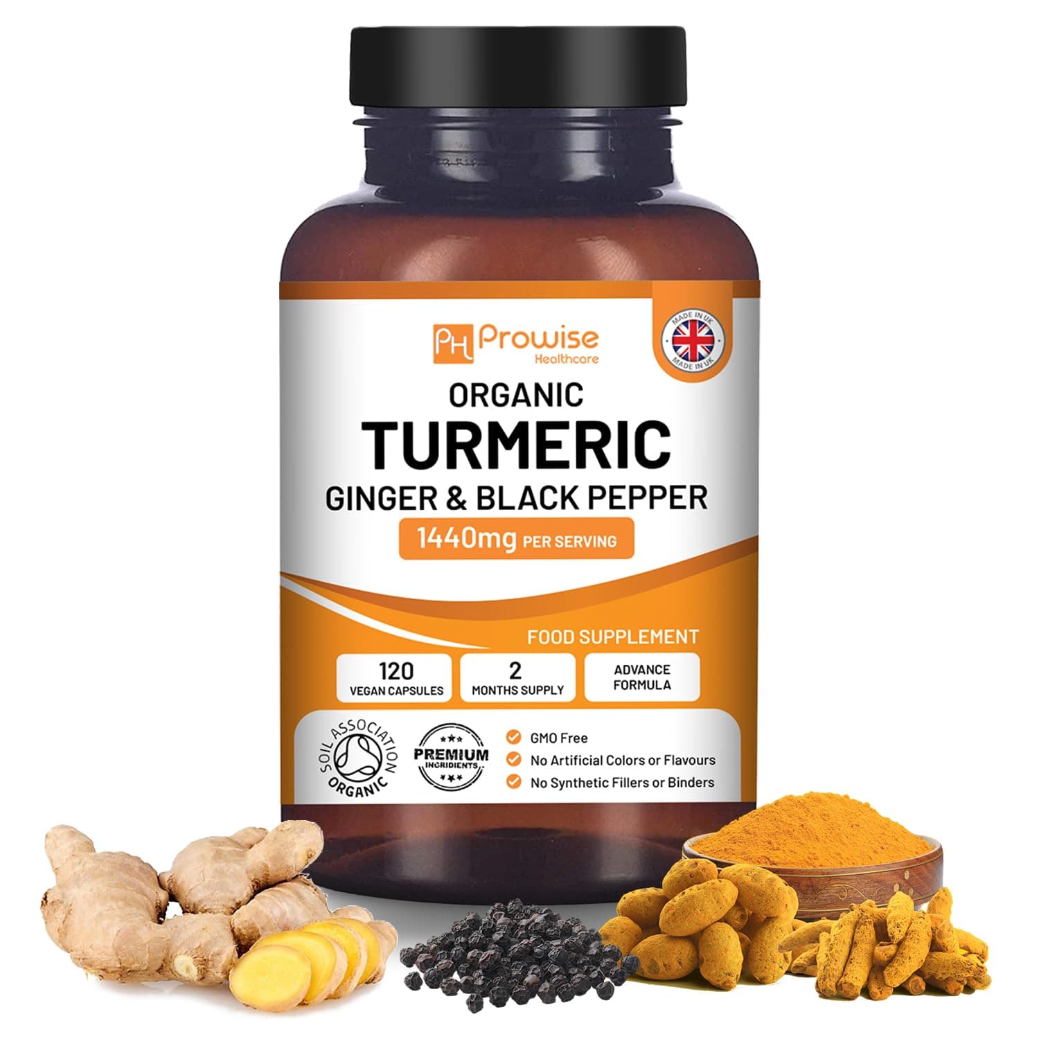 Turmeric Curcumin with Black Pepper & Ginger 1440mg I 120 Vegan Turmeric Capsules High Strength (2 Month Supply) I Made in UK by Prowise Healthcare (Pack of 1)