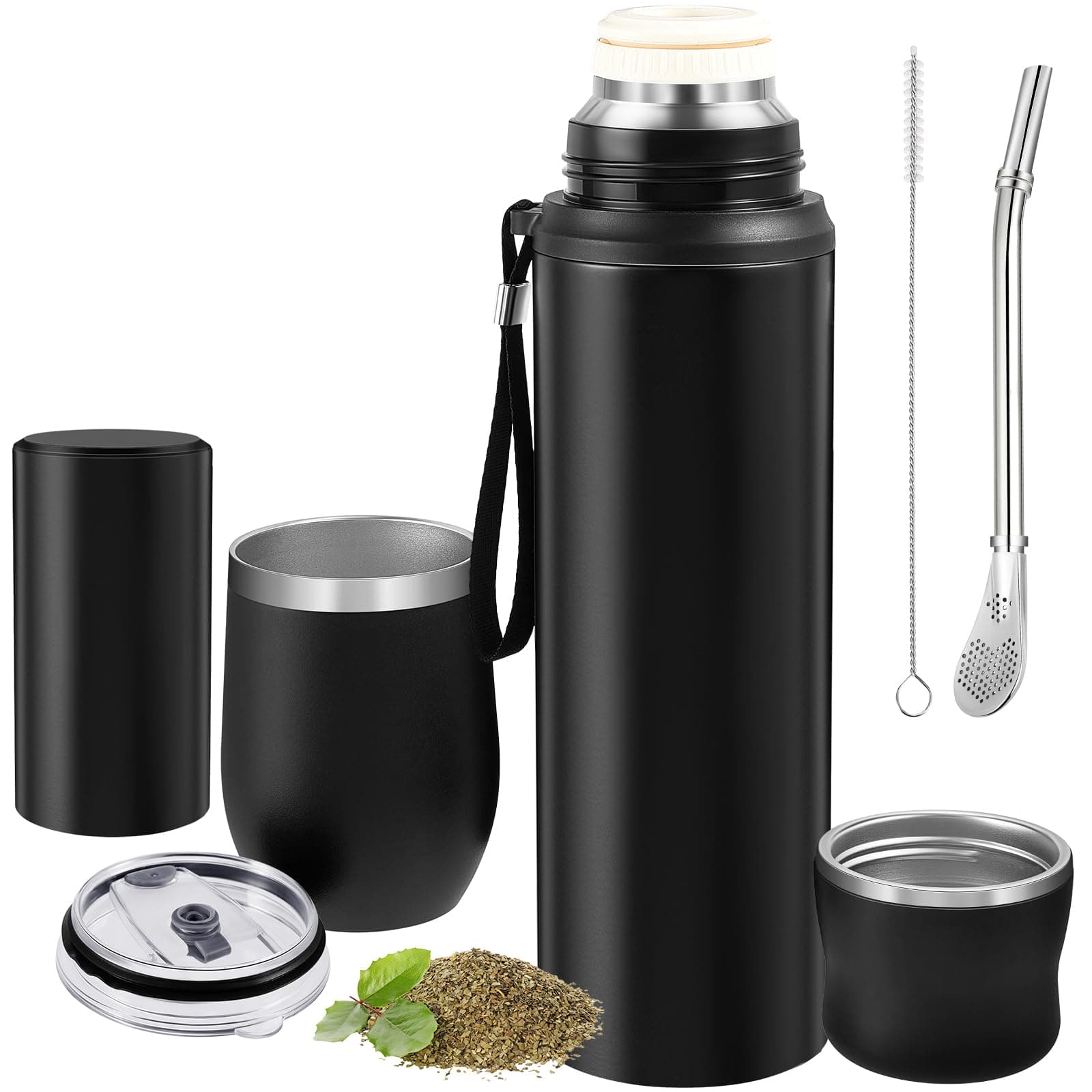 Suclain 3 Pcs Complete Yerba Mate Kit 12 oz Yerba Mate Gourd and Bombilla Set, 34 oz Stainless Steel Thermal Water Bottle with Tea Can, Straw Brush(Black)