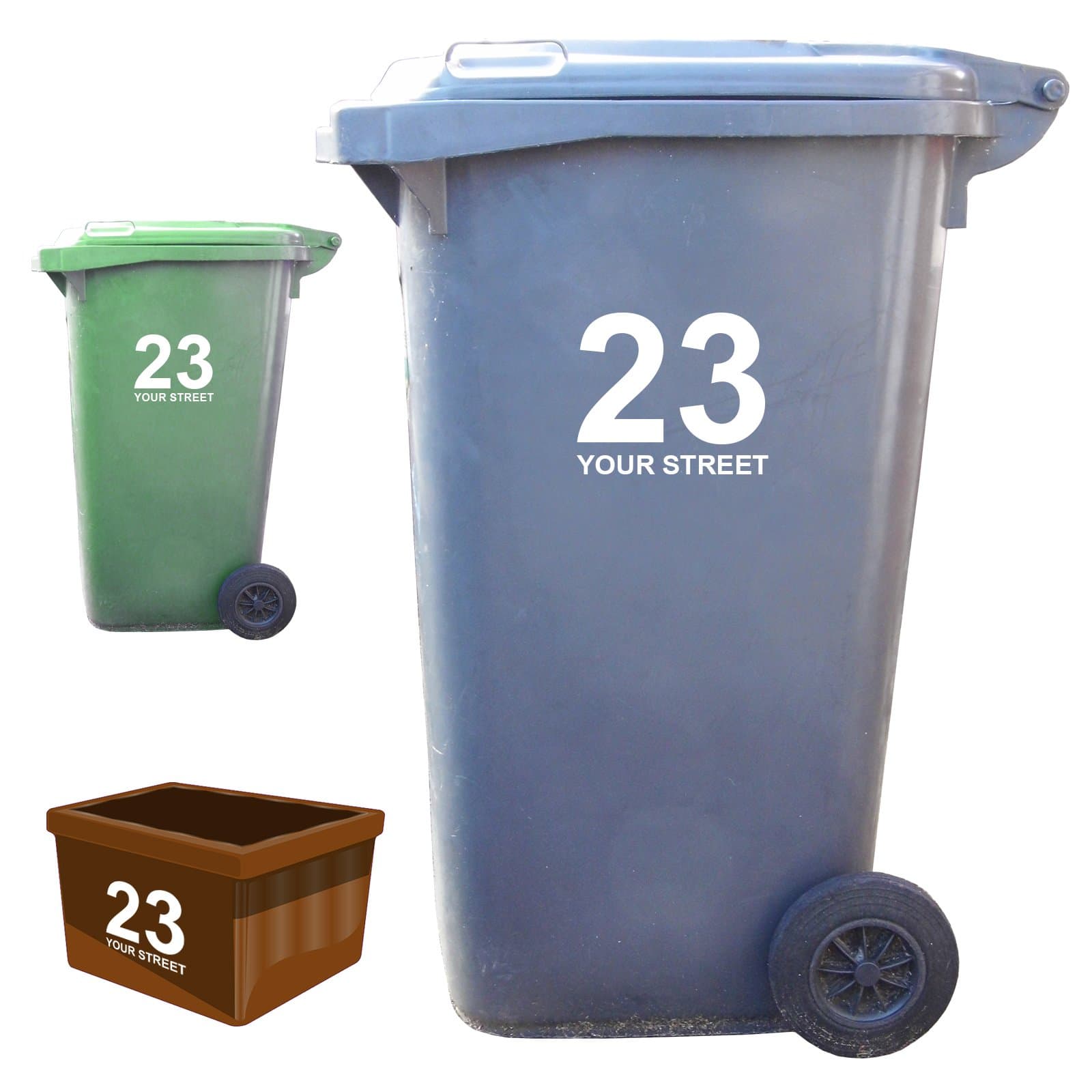 3 x Wheelie Bin Numbers and Street Name Stickers - Classic Style