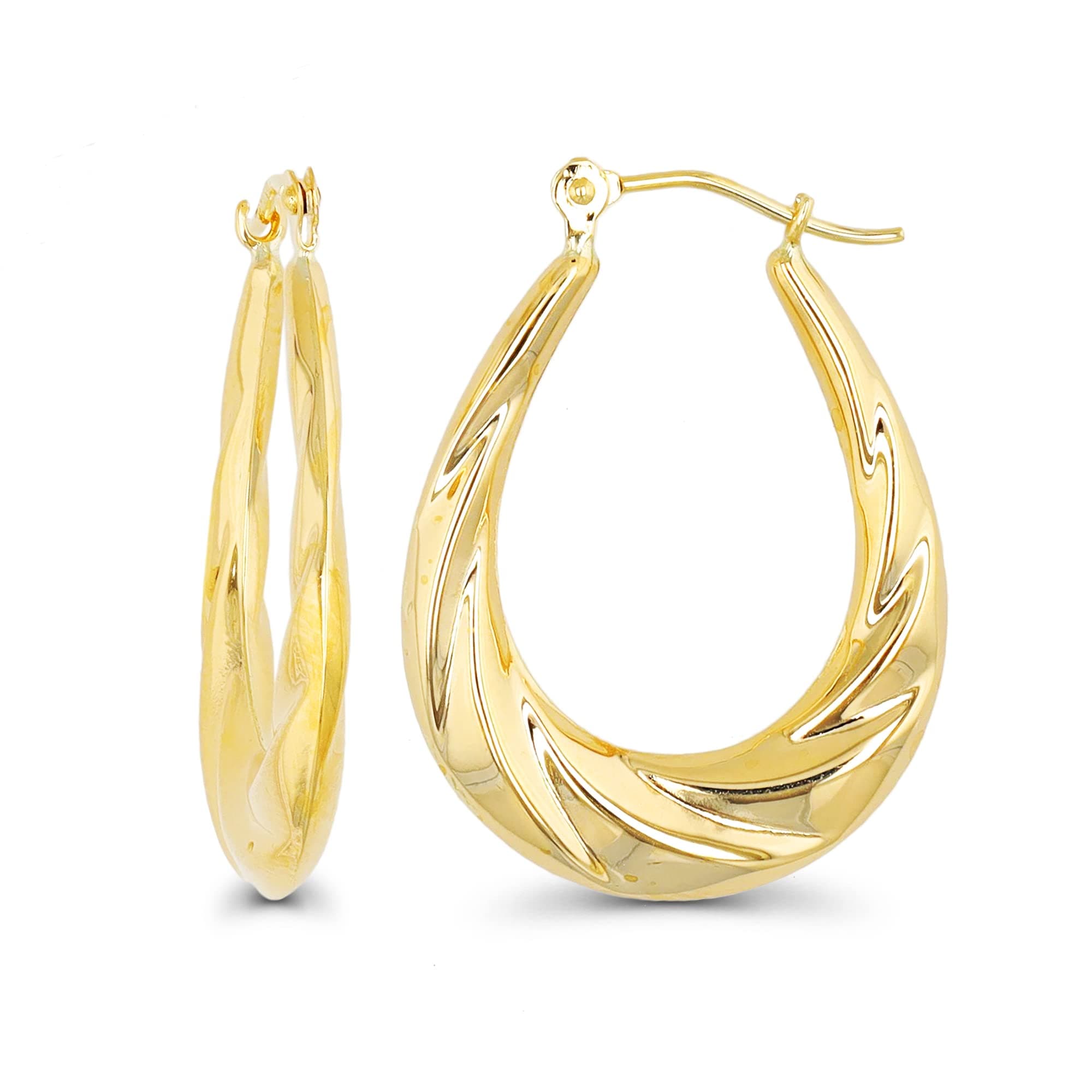 14K Yellow Gold High Polished Oval Hoop Earrings with Hinged Clasp | Various Sizes & Design | Yellow Gold Hoops | Solid 14k Gold Earrings Gold For Women