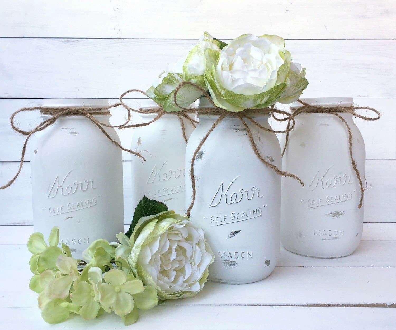 White Painted Mason Jars with Jute Bow-Set of 4-Quart Size-Distressed-Flower Vase-Home Decor