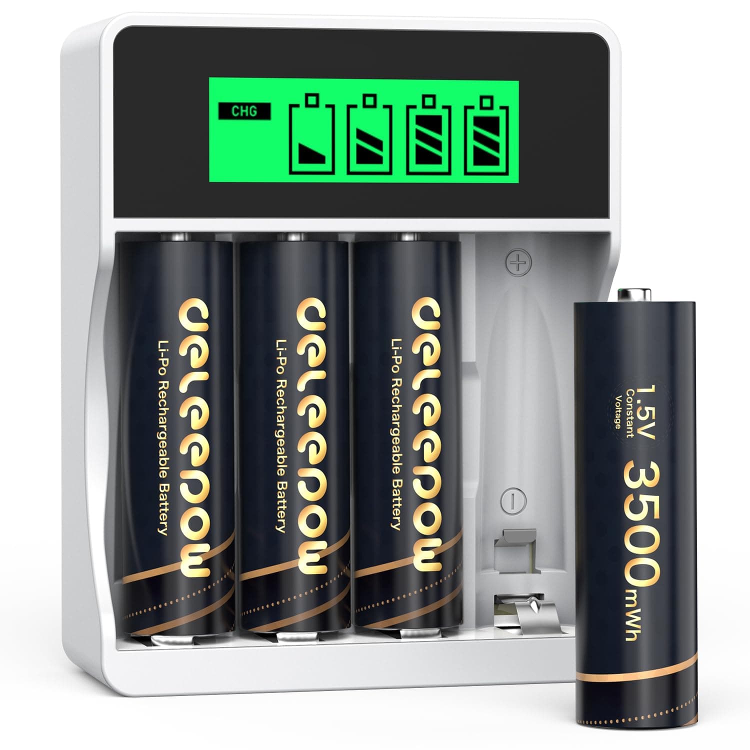 Deleepow Rechargeable AA Batteries 1.5V 3500mWh, AA Lithium Rechargeable Batteries 4 Count, 1500 Cycle AA Lithium Battery with LCD Charger