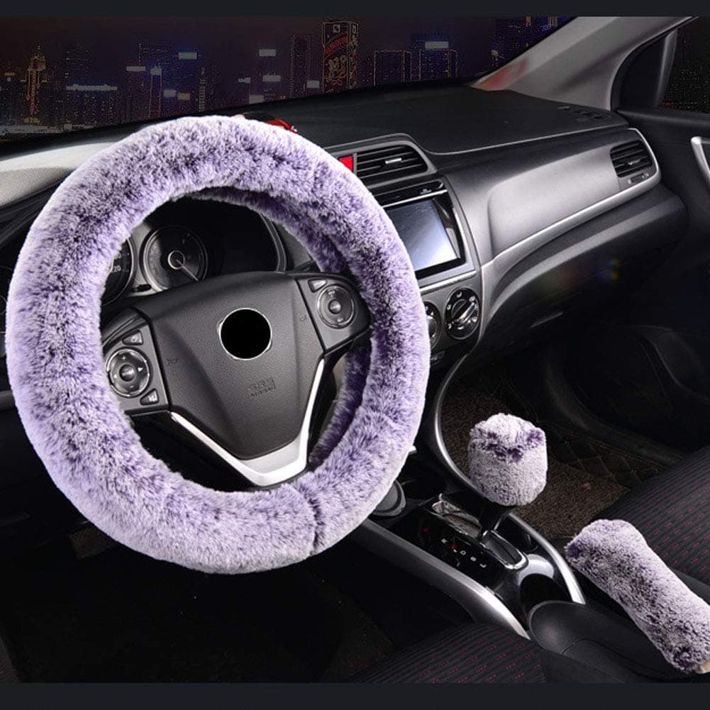 SHIAWASENA Warm Faux Wool Steering Wheel Cover with Handbrake Cover & Gear Shift Cover 3 Pcs Set (Purple&Gray)