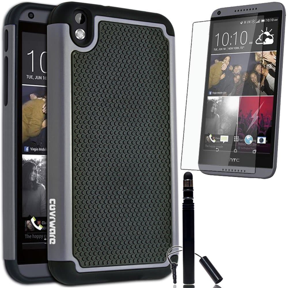 HTC Desire 816, COVRWARE® 3 in 1 Bundle - Armor Defender Series Protective Case [Free HD Film & Aluminum Sensitive Cap Stylus Pen] - Gray