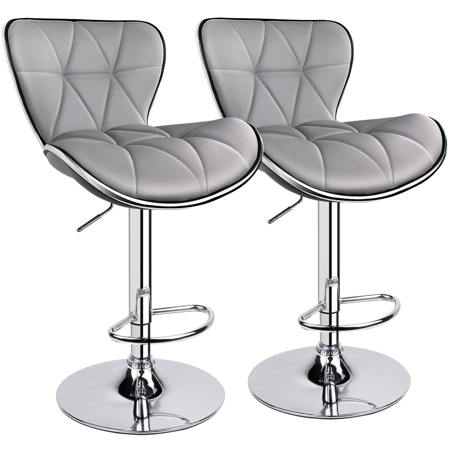 Leopard Shell Back Adjustable Swivel Bar Stools, PU Leather Padded with Back, Set of 2 (Light Grey)