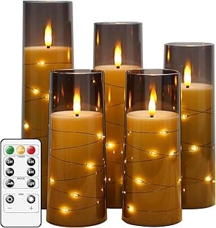 kakoya Flameless LED Candles with Timer 5 Pc Flickering Flameless Candles for Romantic Ambiance and Home Decoration Stable Acrylic Shell,with Embedded Star String，Battery Operated Candles（Grey）
