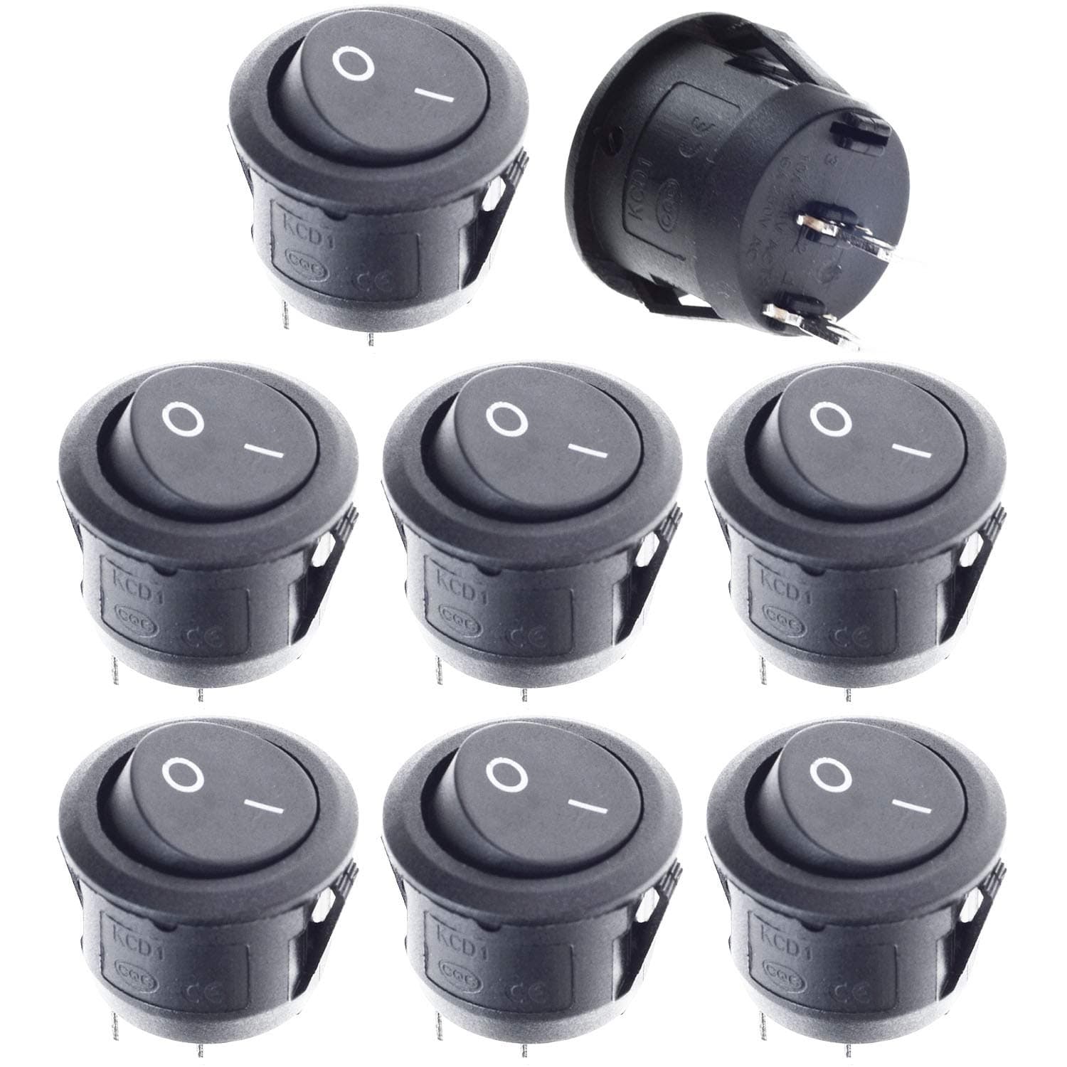 QTEATAK 8 Pcs SPST Snap-in ON-Off 2 Pin Round Snap Rocker Boat Switch Black AC 250V 6A 125V 10A for Car Auto Boat Household Appliances