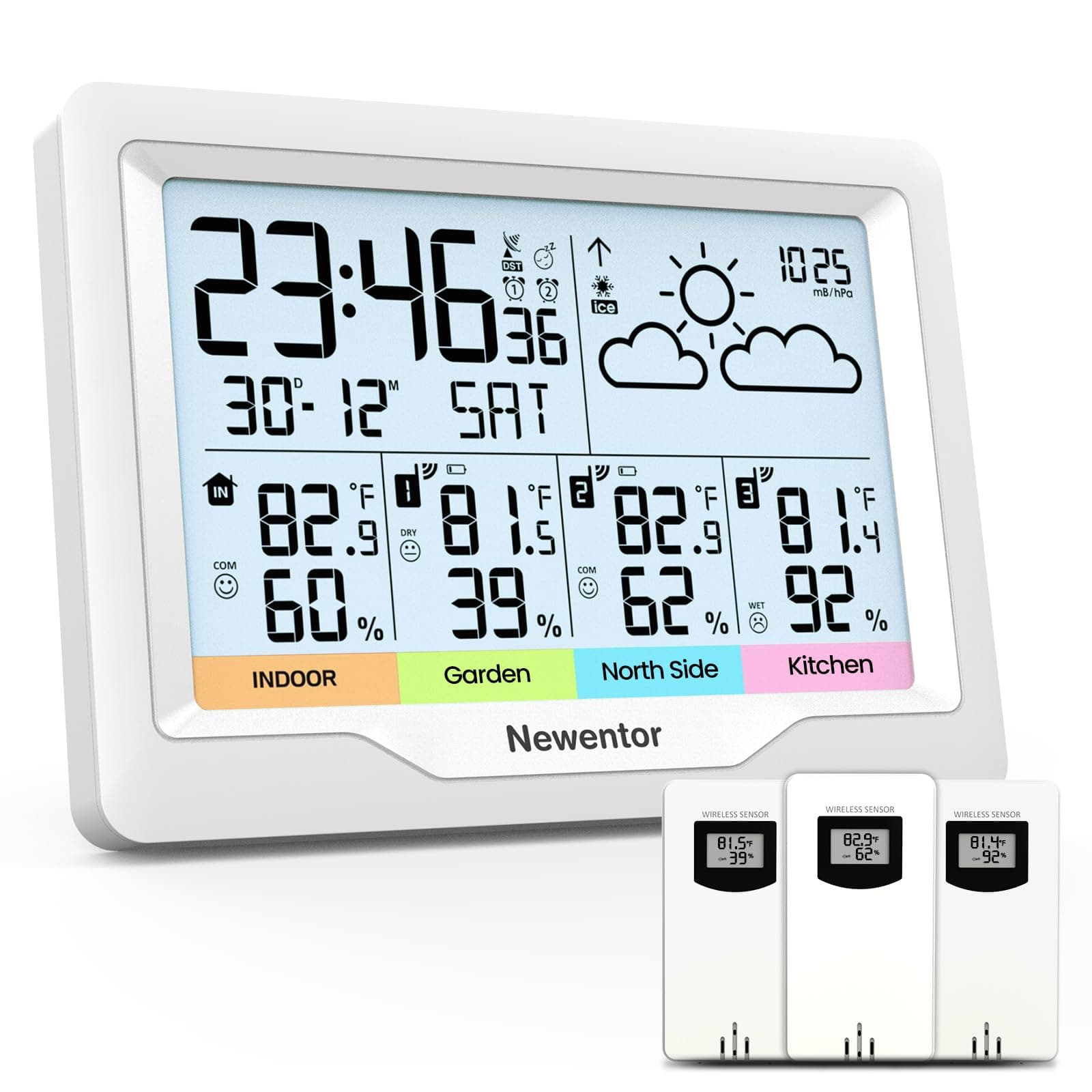 Newentor Weather Stations Wireless Indoor Outdoor Multiple Sensors, Indoor Outdoor Thermometer with Atomic Weather Clock Battery Powered, Temperature Humidity Monitor and Barometer for Home, White