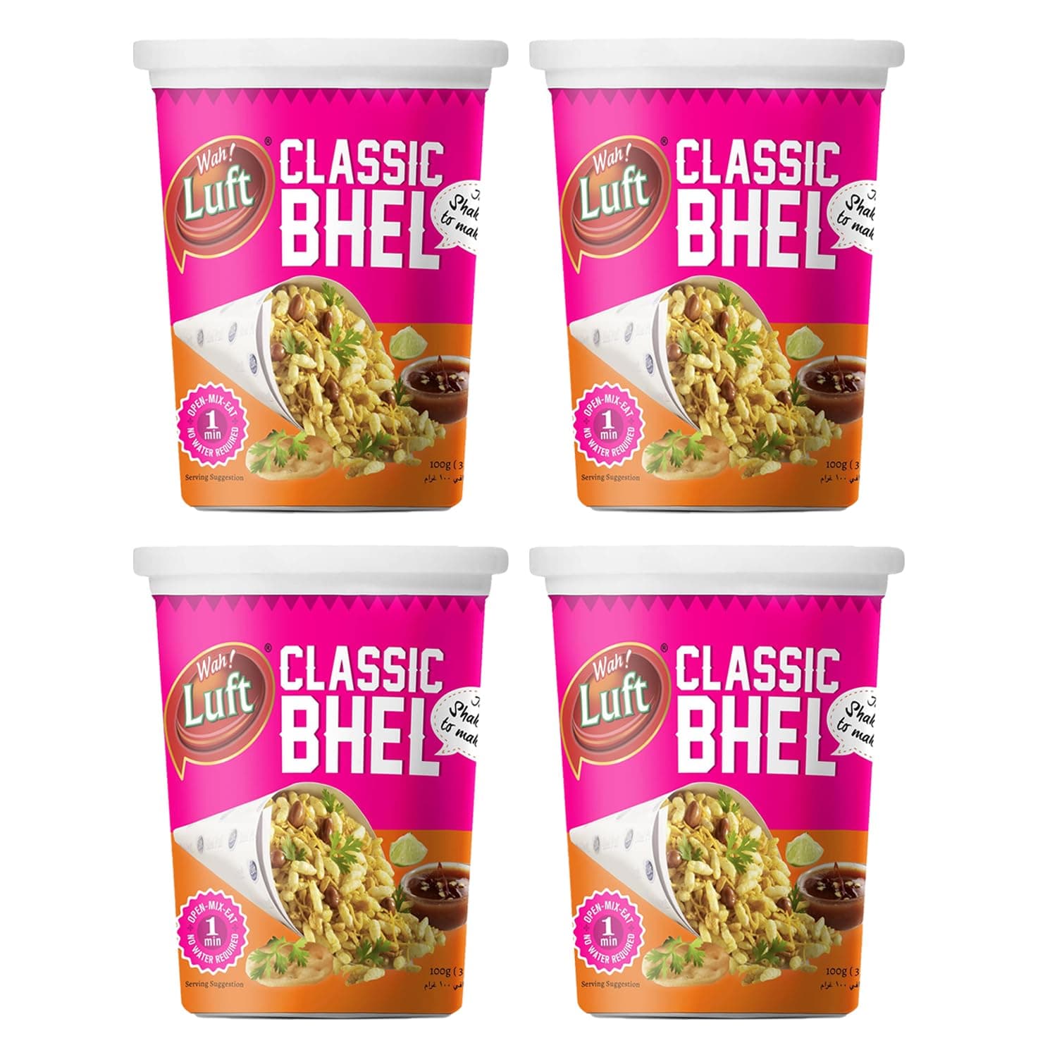 Wah!Luft Instant And Delicious Bhel Puri Cup, 100% Vegetarian, Masala, Crispy And Crunchy, Everyday Fresh, Healthy & Hygienic, Delicious Chaat Special Combo Pack - 100G (Pack Of 4)