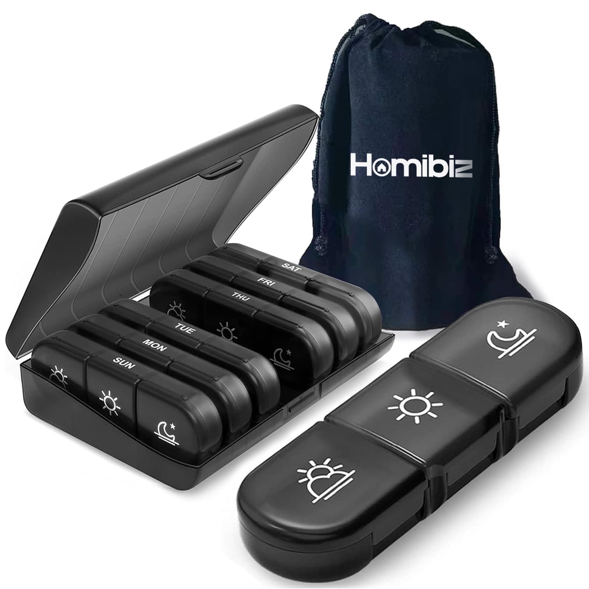 HOMIBIZ Portable Pill Organizer - 3 Daily Compartments for a Week - Travel-Friendly, Light-Resistant Pill Box - Ideal for Vitamins, Medication, Supplements (Black)