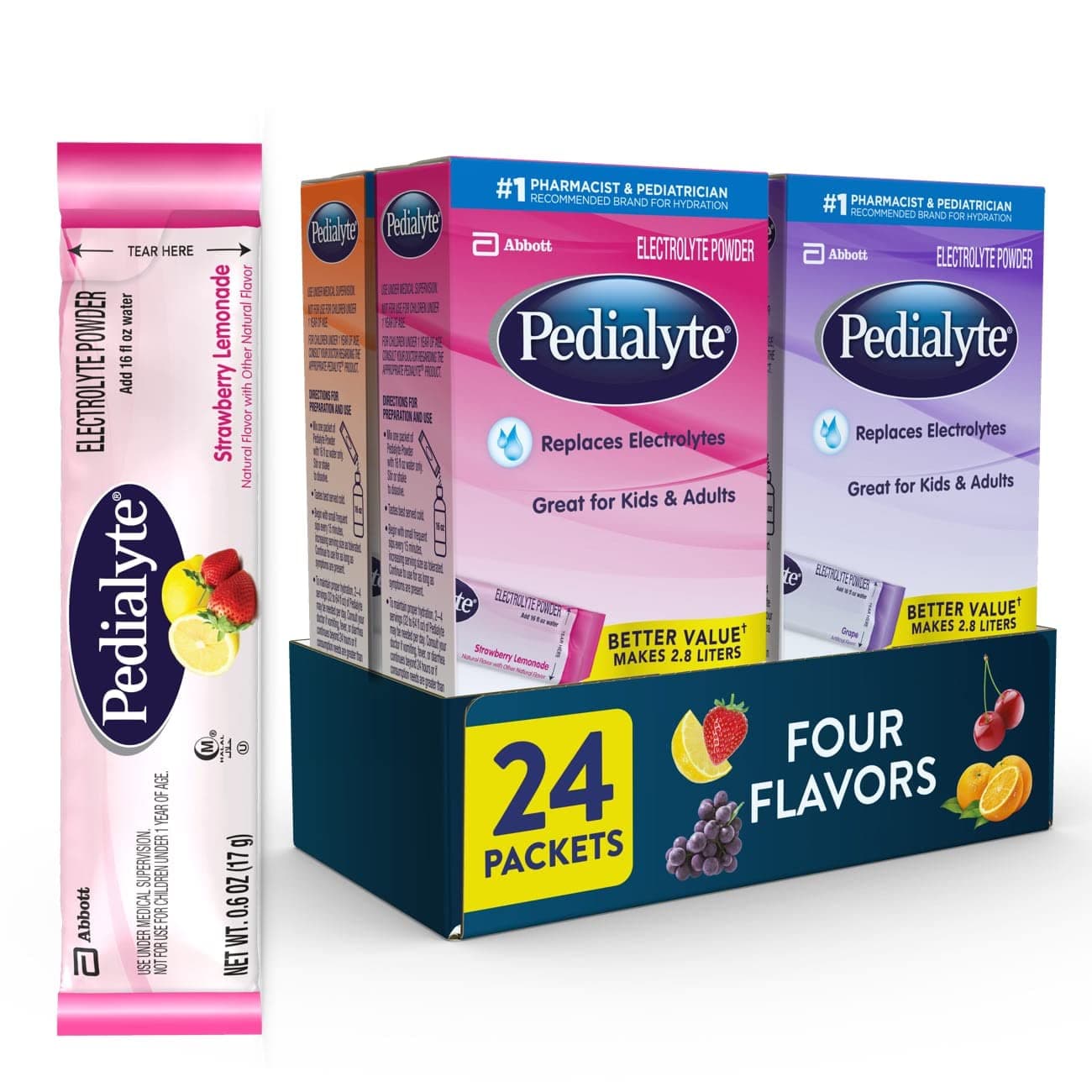 Pedialyte Electrolyte Powder, Hydration Drink for Kids & Adults Variety Pack: Grape, Strawberry Lemonade, Cherry, and Orange, 24 Powder Packets
