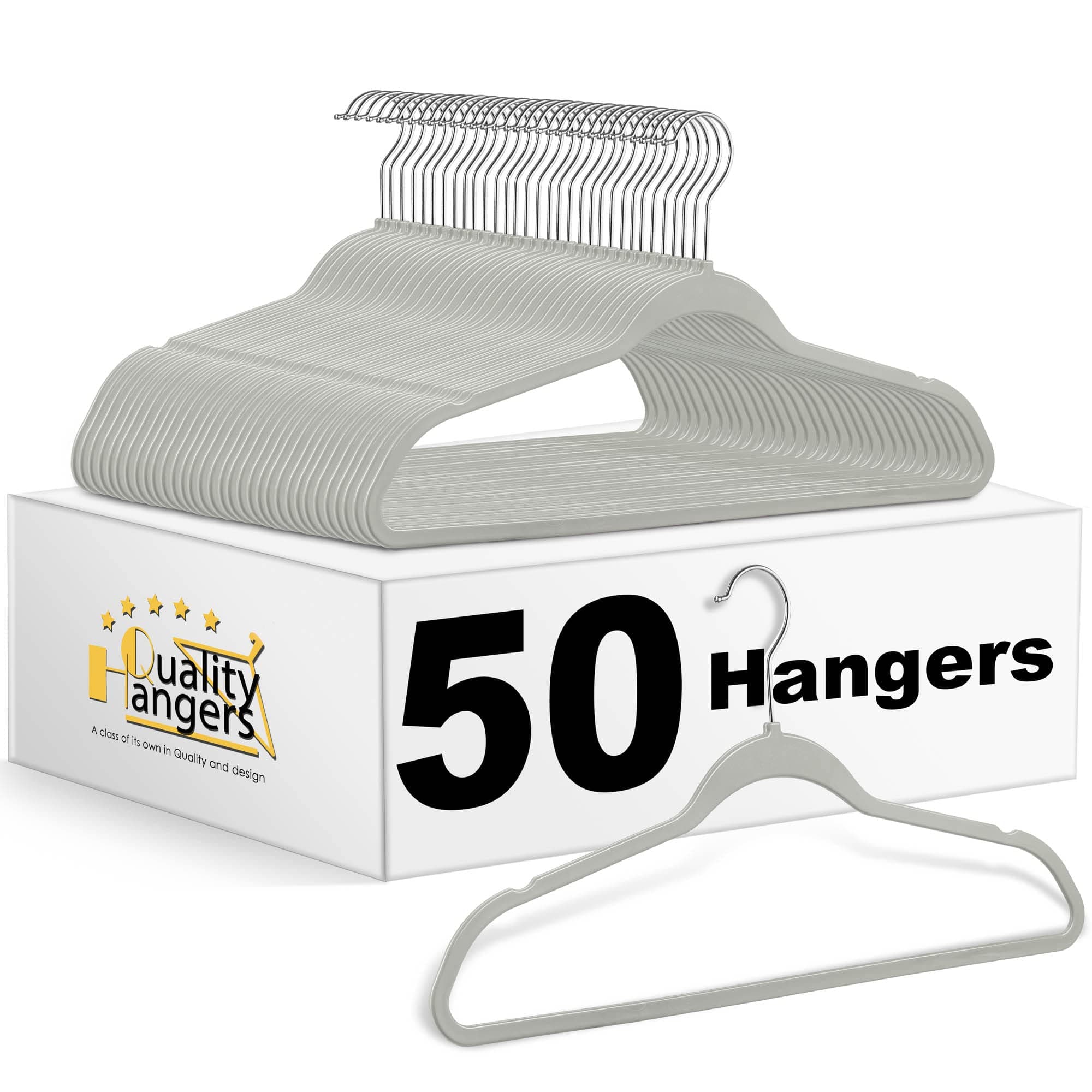 Quality Hangers 50 Pack Plastic Hangers for Clothes - Slim Non-Velvet Hangers with 360° Swivel Chrome Hook & Non Slip Notches - Ideal for Dresses Coats Shirts Jackets & More - Gray