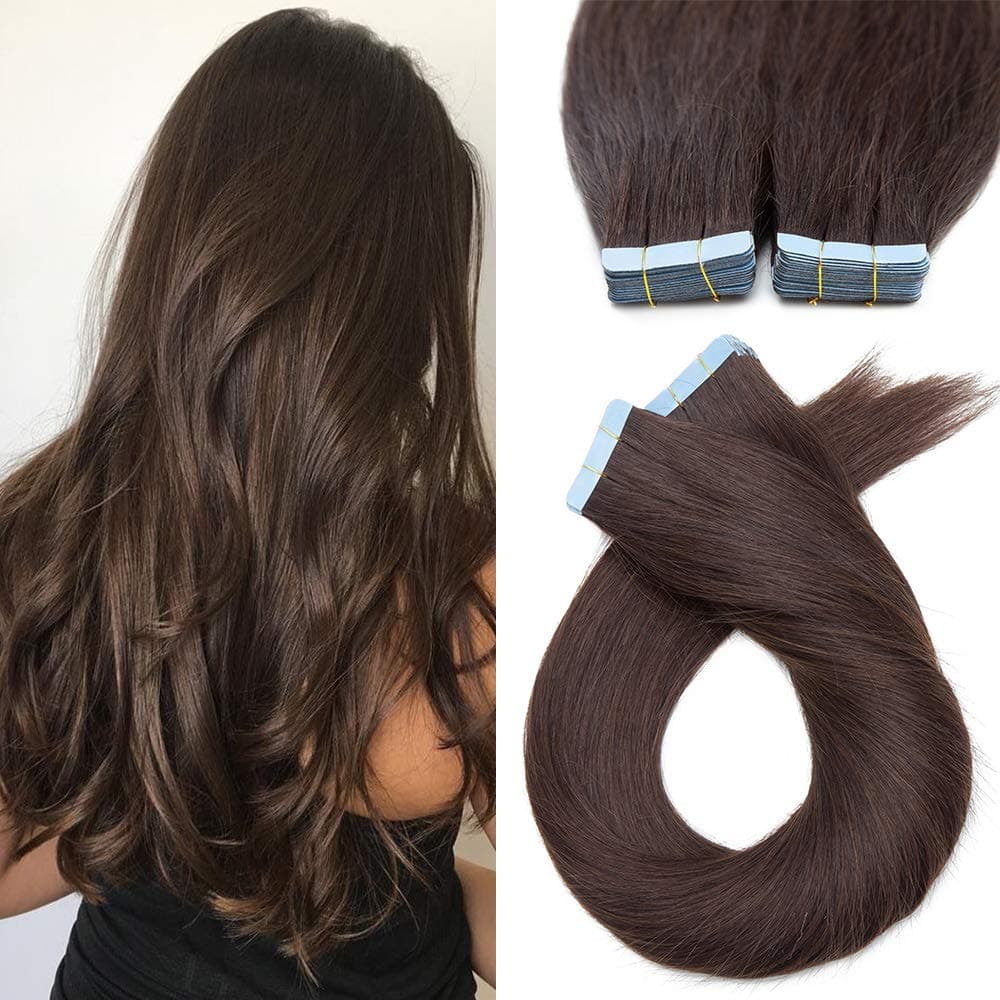 Tape in Hair Extensions Human Hair 40 PCS Thin Type 1.5g/pcs - 100% Real Natural Remy Hair Skin Weft Extension (#2 Dark Brown, 16 inches)