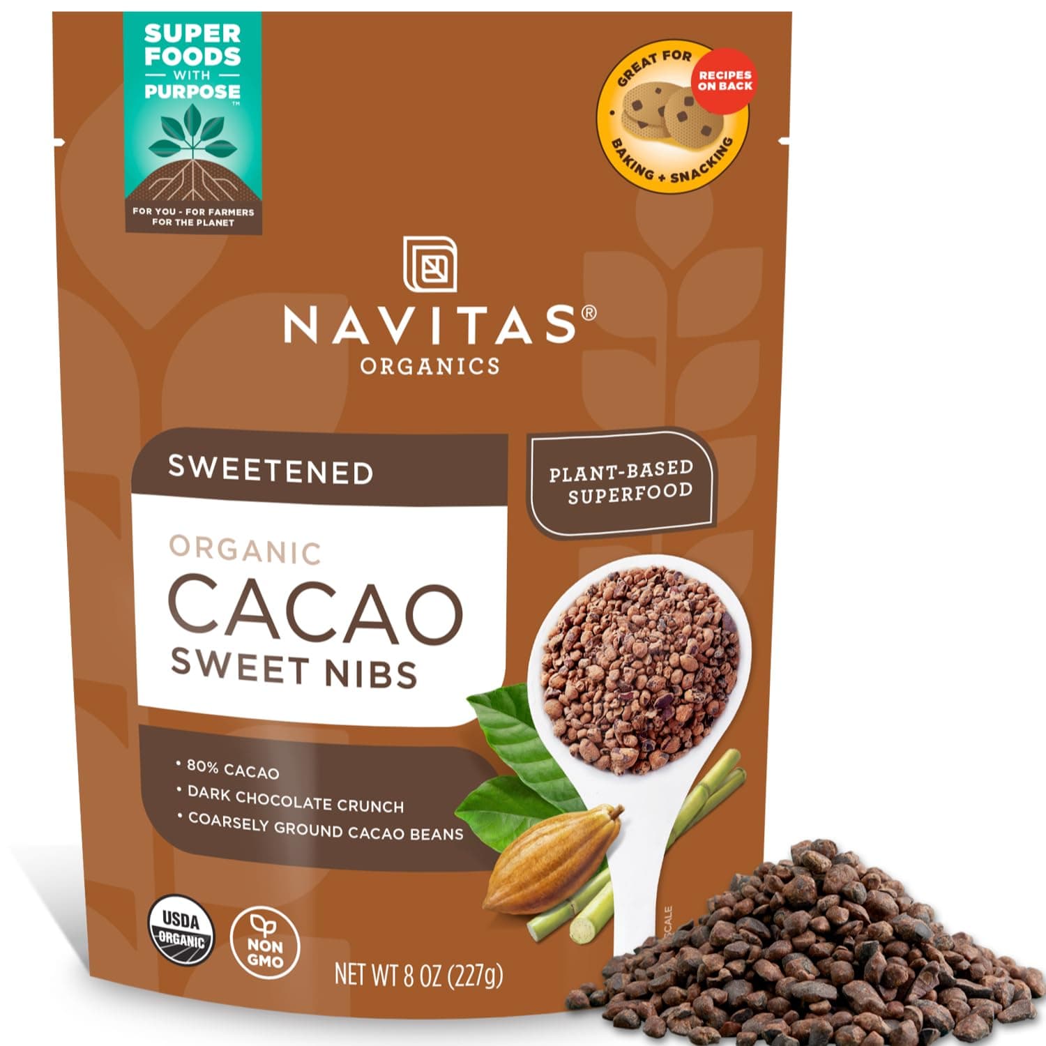 Cacao Nibs – Sweetened Dark Chocolate Crunch – Antioxidants, Minerals, Fiber – For Trail Mix, Baking & More – USDA Organic, Fairtrade, Non GMO, Gluten Free, Non-alkalized (8oz. Bag 57 Servings)