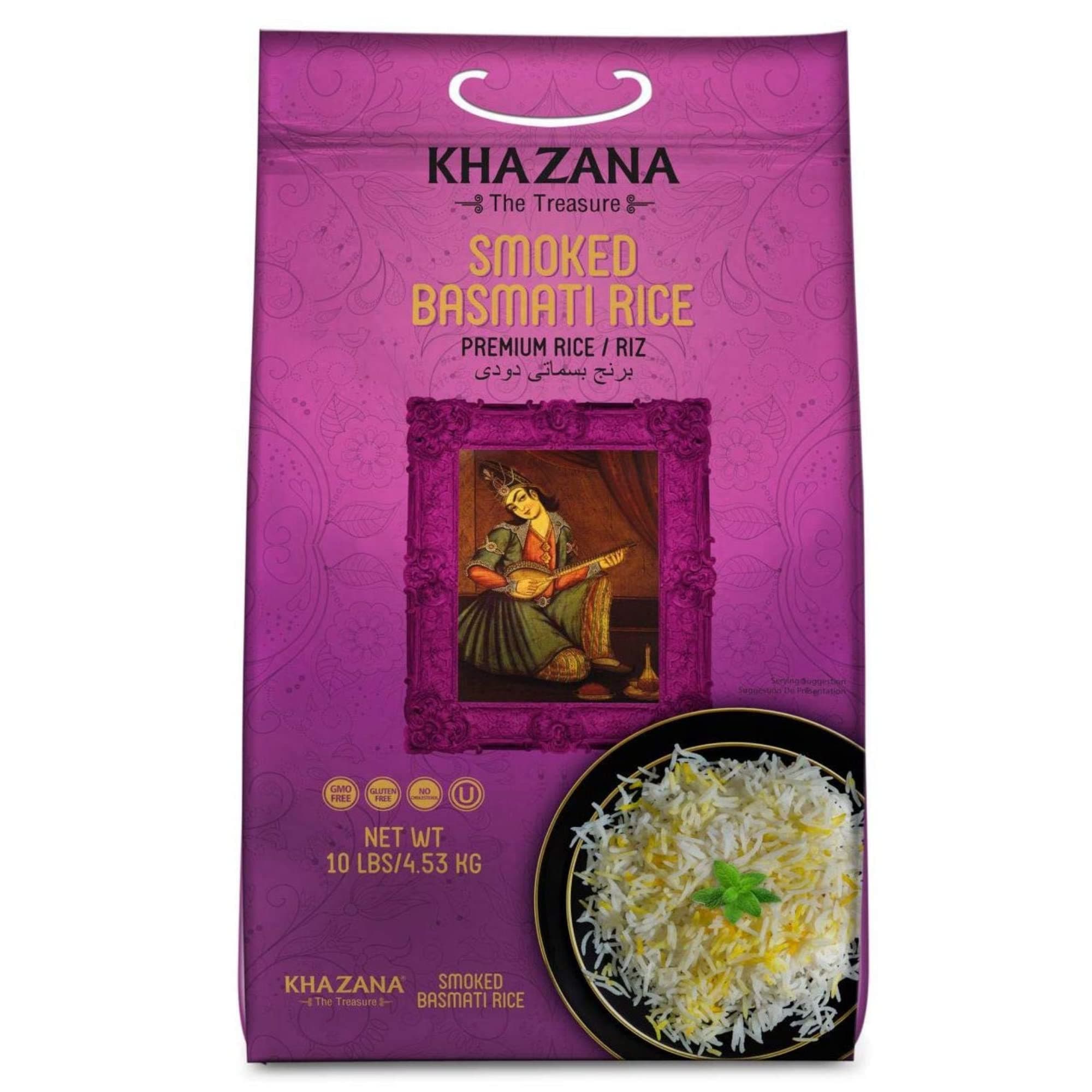 Authentic Smoked Basmati Rice by Khazana in 10 lb Bag - Aromatic and Flavorful Indian Grain - Non-GMO, Gluten Free, Kosher, Cholesterol Free