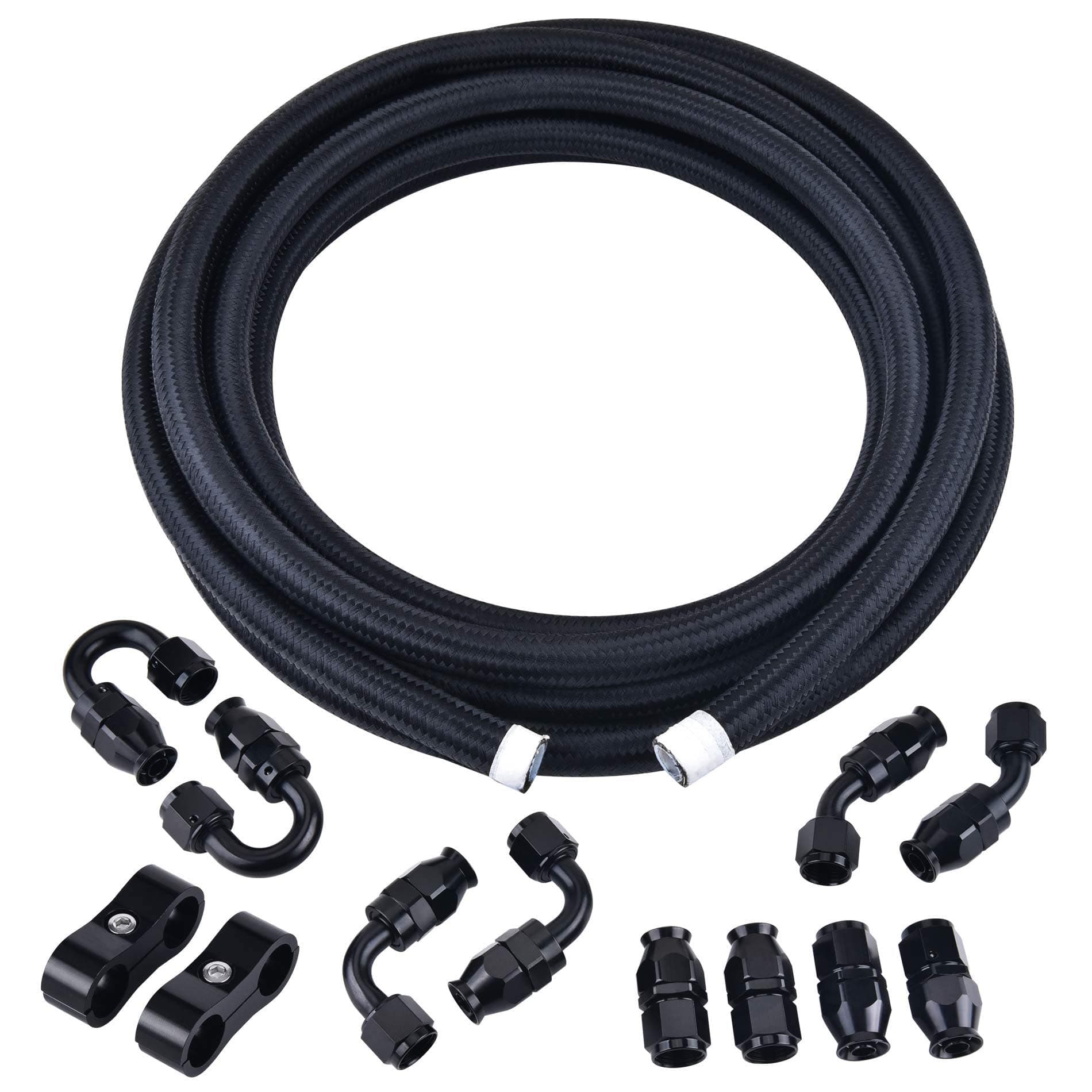 EVIL ENERGY 10AN PTFE E85 Hose Braided Fuel Injection Line Fitting Kit 20FT Nylon Stainless Steel Black (Hose ID: 0.51inch)