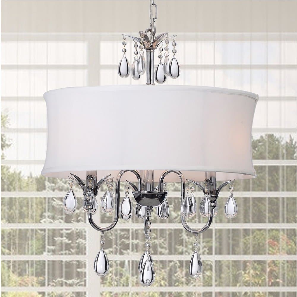 3-light Round White Shade Crystal Chandelier Pendant Lighting Fixture, Chrome Finish