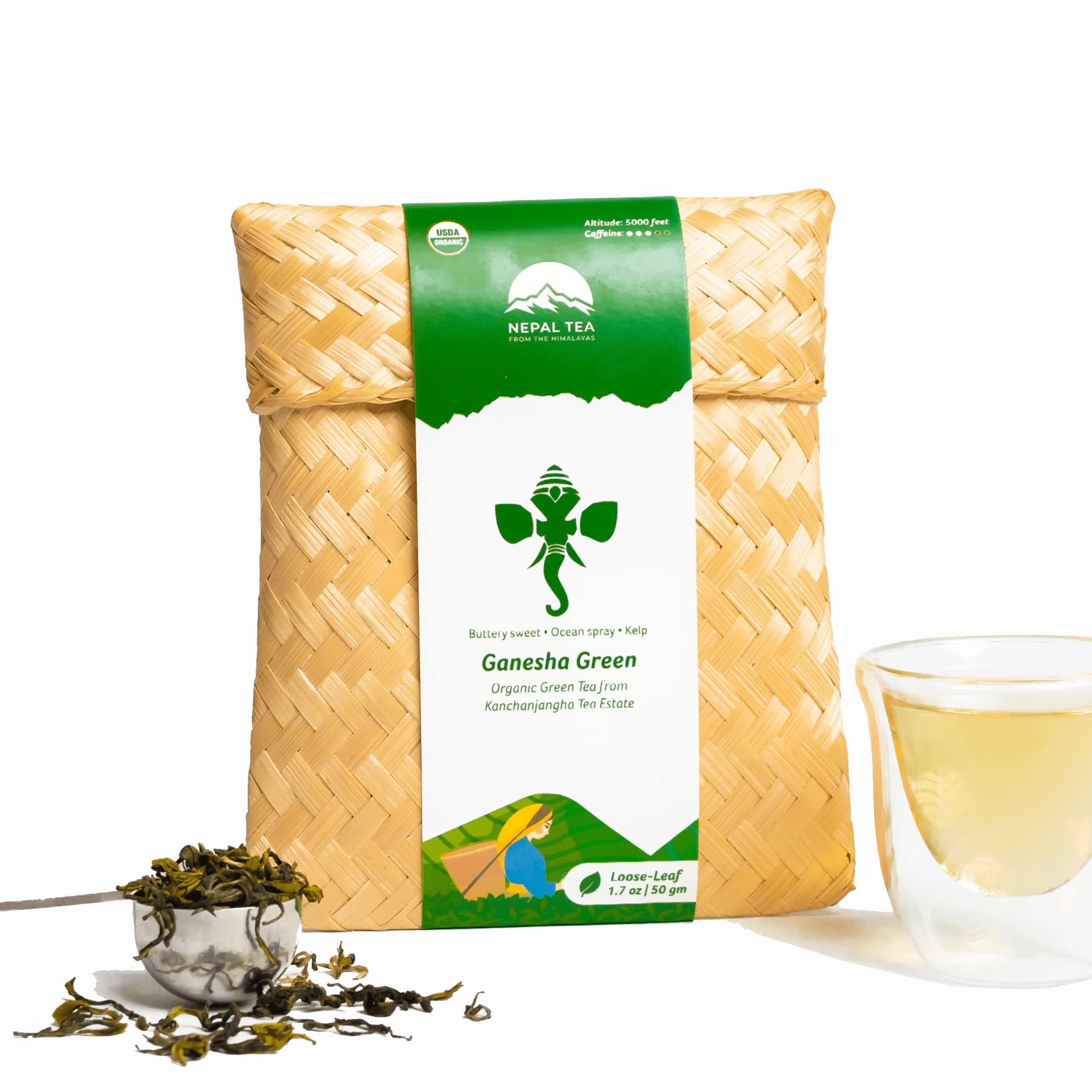 NEPAL TEA Organic Green Tea Loose Leaf - Certified Organic Loose Green Tea from a Family Farm in the Himalayas - Award-Winning Premium Green Tea Leaves Loose Leaf - 1.7oz /50g (Ganesha Green)
