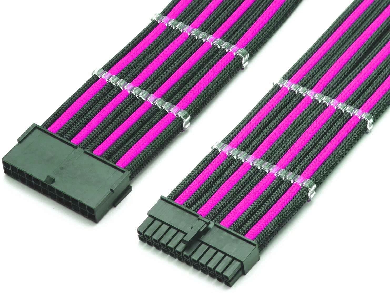 Shakmods 24 Pin ATX Motherboard Sleeved Extension Cable 30cm + 2 Cable Combs (Pink & Black)