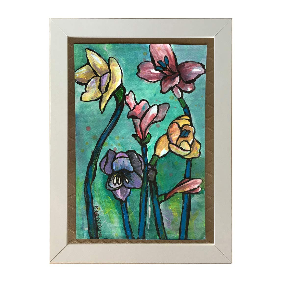 Standing Freesias, Small Original Flower Watercolor Painting, Hand Painted, Not Print, 5x7 Framed