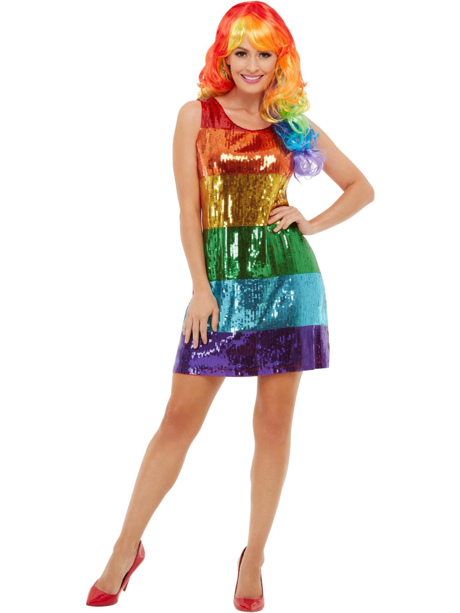 All That Glitters Rainbow Costume, Multi-Coloured with Sequin Dress, Rainbow/Gay Pride Items Fancy Dress, Adult Dress Up Costumes