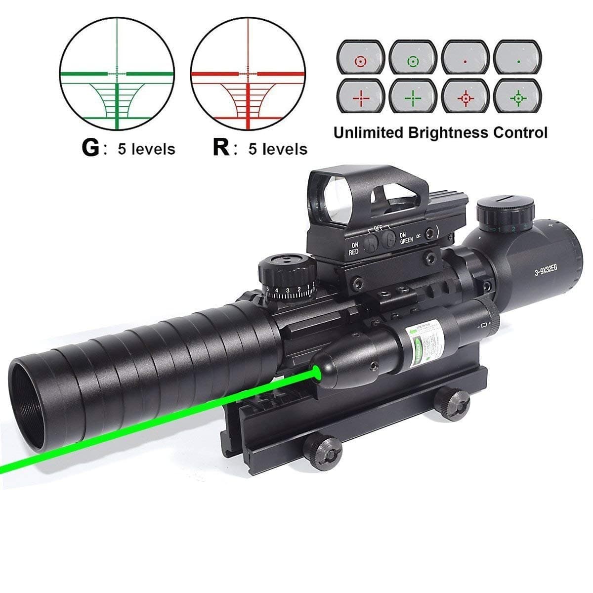 CRUSHUNT Scope 3-9x32EG Rangefinder Illuminated Optics Reflex 4 Reticle Red&Green Sight Green Dot Laser Sight