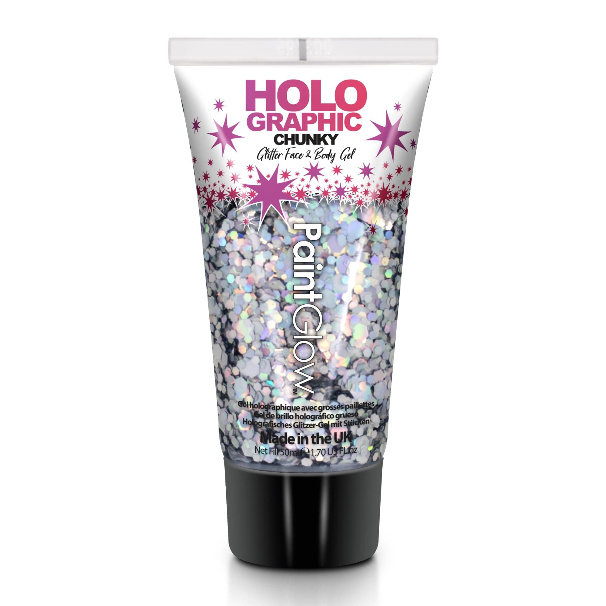 Chunky Cosmetic Glitter gels 50ml for face, Body & Hair from PaintGlow (Vegan) (Intergalactic)