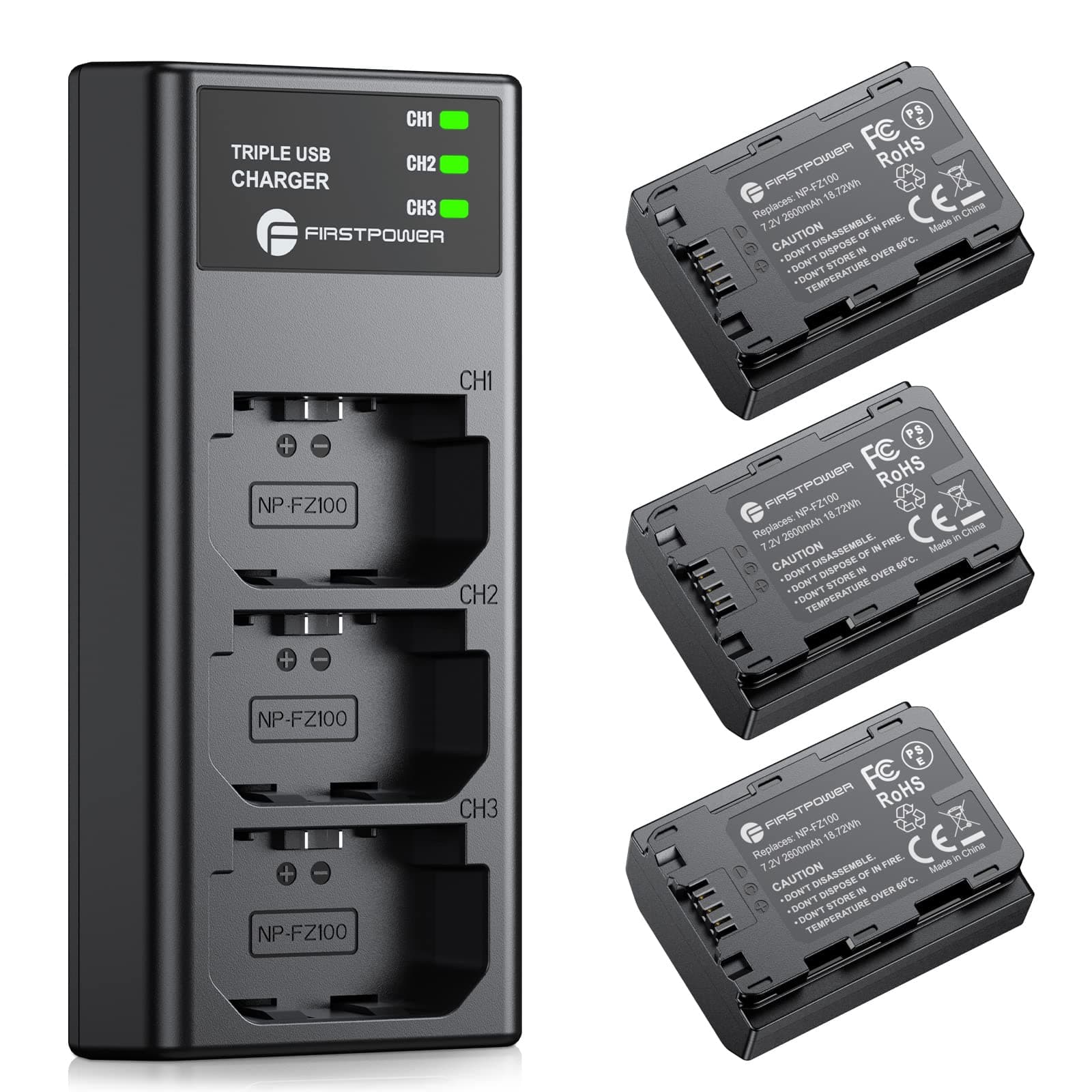 FirstPower NP-FZ100 Battery 3-Pack and Triple Slot Charger for Sony FX3, FX30, A7 III, A7 IV, A7C, A7CR, A9, A6600, A6700, ZV-E1, ZV-E10 II, A7R3, A7S III/A7S3, A7R III, A7R IV, A7R V Camera