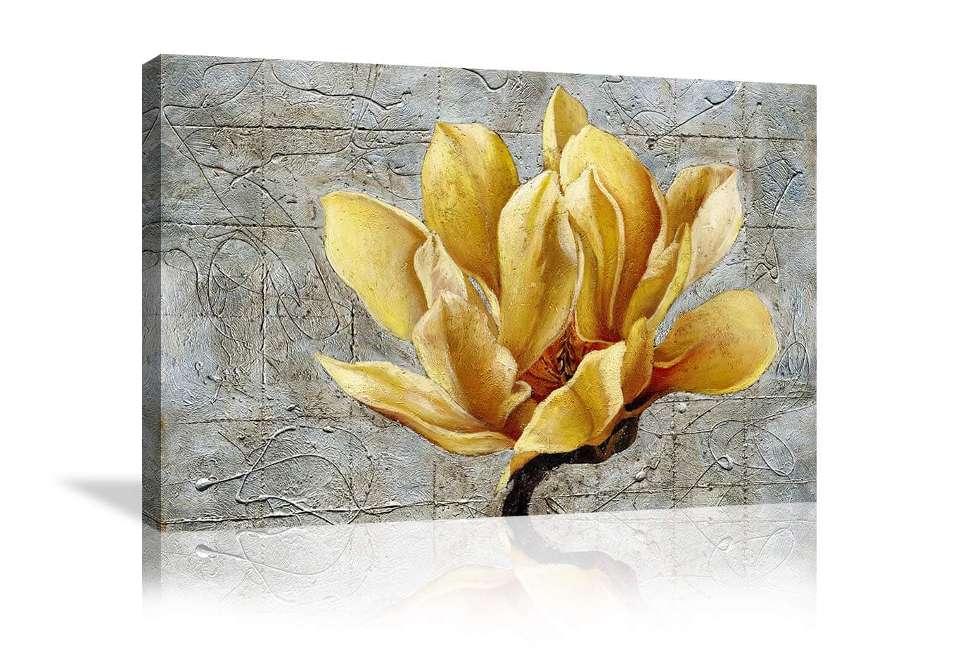 Urttiiyy Yellow Grey Flower Wall Art Abstract Gray Background Print on Canvas Home Decor Decal Pictures Poster for Bedroom Living Room Printed Painting Gifts Framed Ready to Hang - 36''x24''