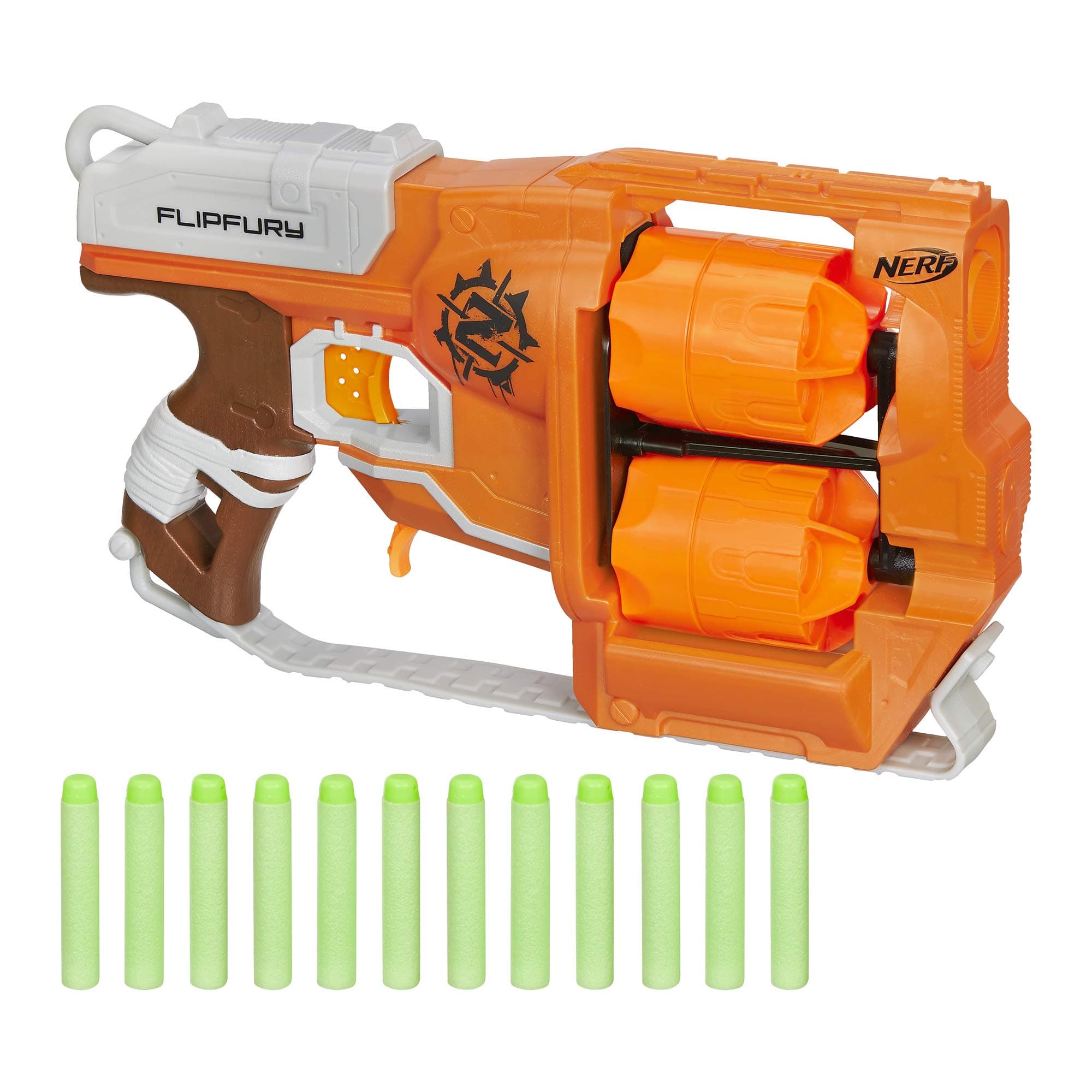 NERF Zombie Strike FlipFury Blaster - 2 Flipping 6-Dart Drums - Fire 6 Darts, Flip, Fire 6 More - 12 Nerf Zombie Strike Elite Darts (Amazon Exclusive)