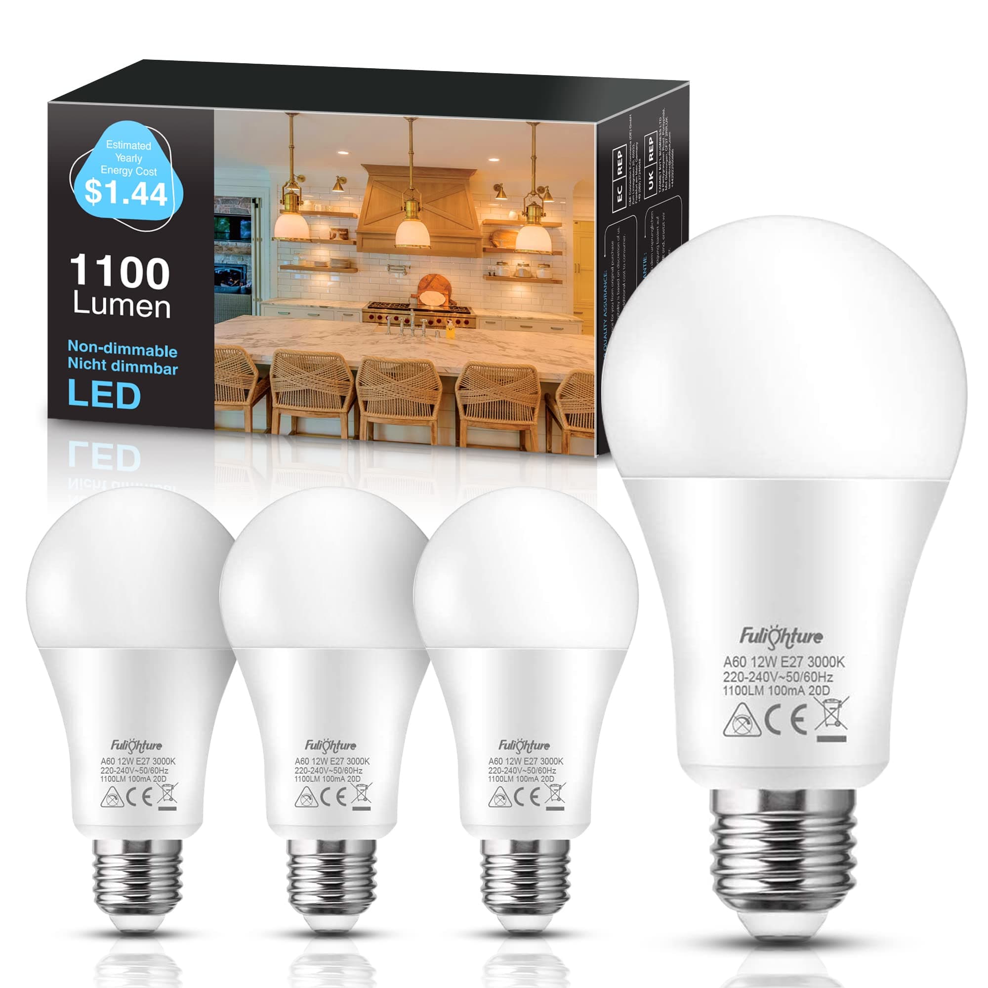 Fulighture E27 Screw Bulb, 12W (100W Incandescent Equivalent), Ultra Bright 1000lm A60 LED Light Bulbs, Warm White 3000K, for Bedroom Living Room Bedroom, Non-dimmable, 4 Pcs