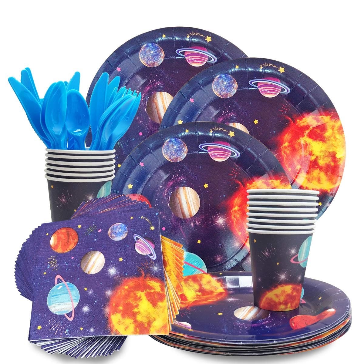 CIEOVO Outer Space Party Supplies - Serves 24 Guest -Includes Plates, Knives, Spoons, Forks, Cups Napkins Perfect Outer Space Birthday Party Pack for Kids Solar System Planet Themed Parties