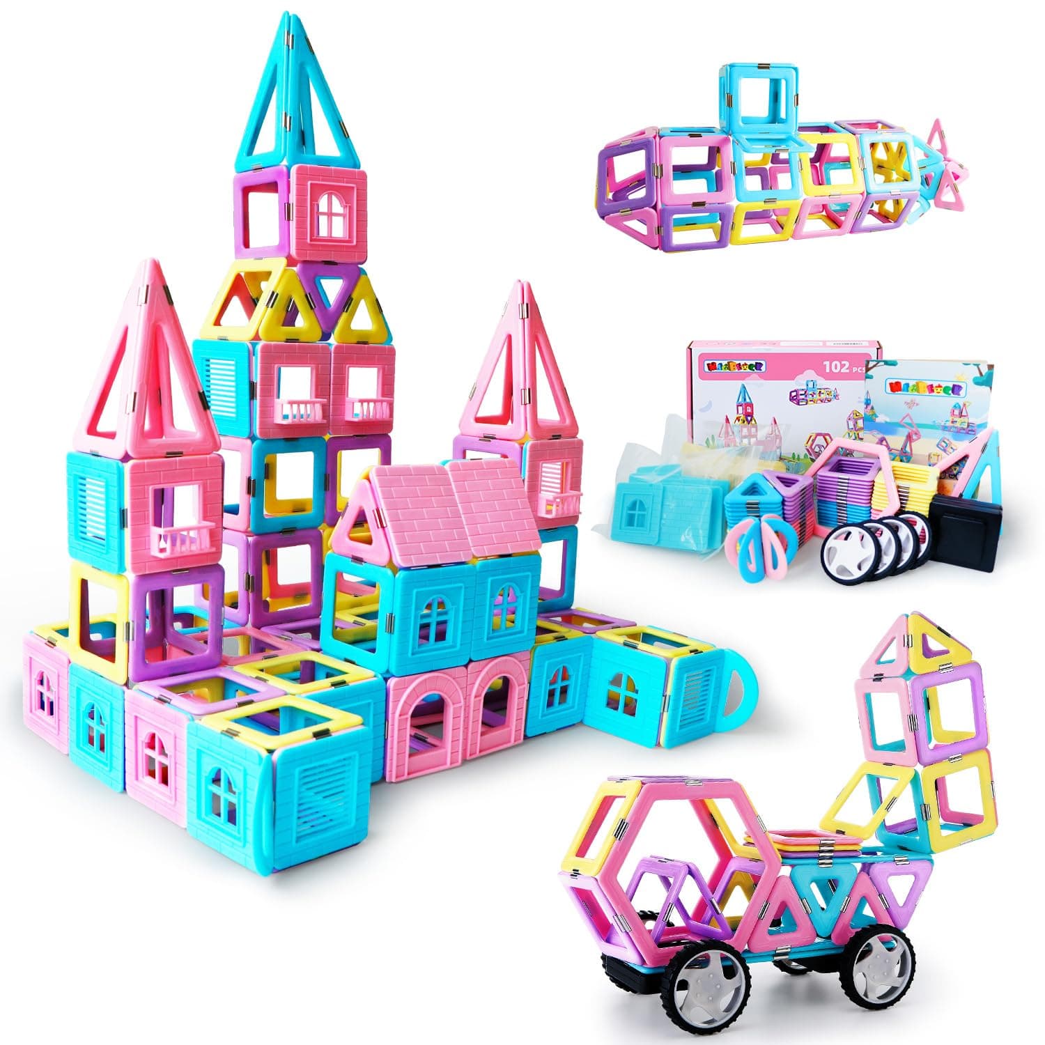 MAGBLOCK 102 Pieces Magnetic Tiles Toys for 3 4 5 Year Old Girls Boys, Castle Magnet Toy Building Block for Kids Toddlers, Magnetic Blocks Educational Montessori STEM Toys for Toddler Girls Gifts