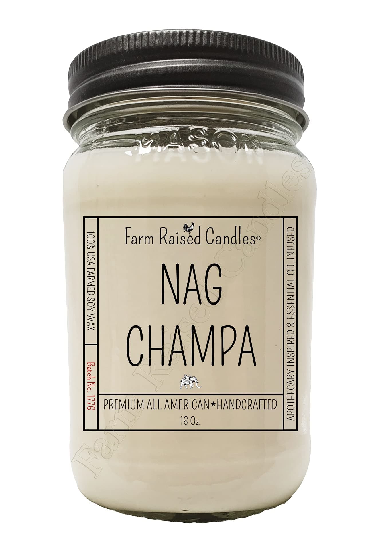 Farm Raised CandlesAll American Handcrafted - - Plant-Based - 80+ Hour Burn - 100% Natural American Farmed Soy Wax. Gift Wrap Ready Box. 16 Ounce Country Mason Jar. (Nag Champa)