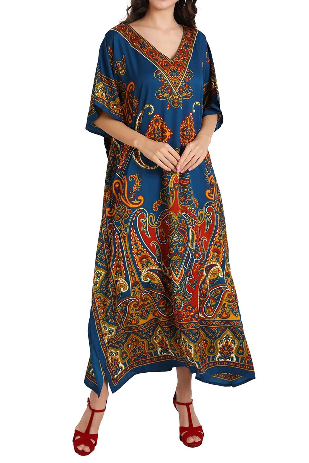 Miss Lavish London Long Kaftan Dress Women, Flowy Resort Wear, Maxi Plus Size Swim Coverup, Lightweight Summer Long Kaftan