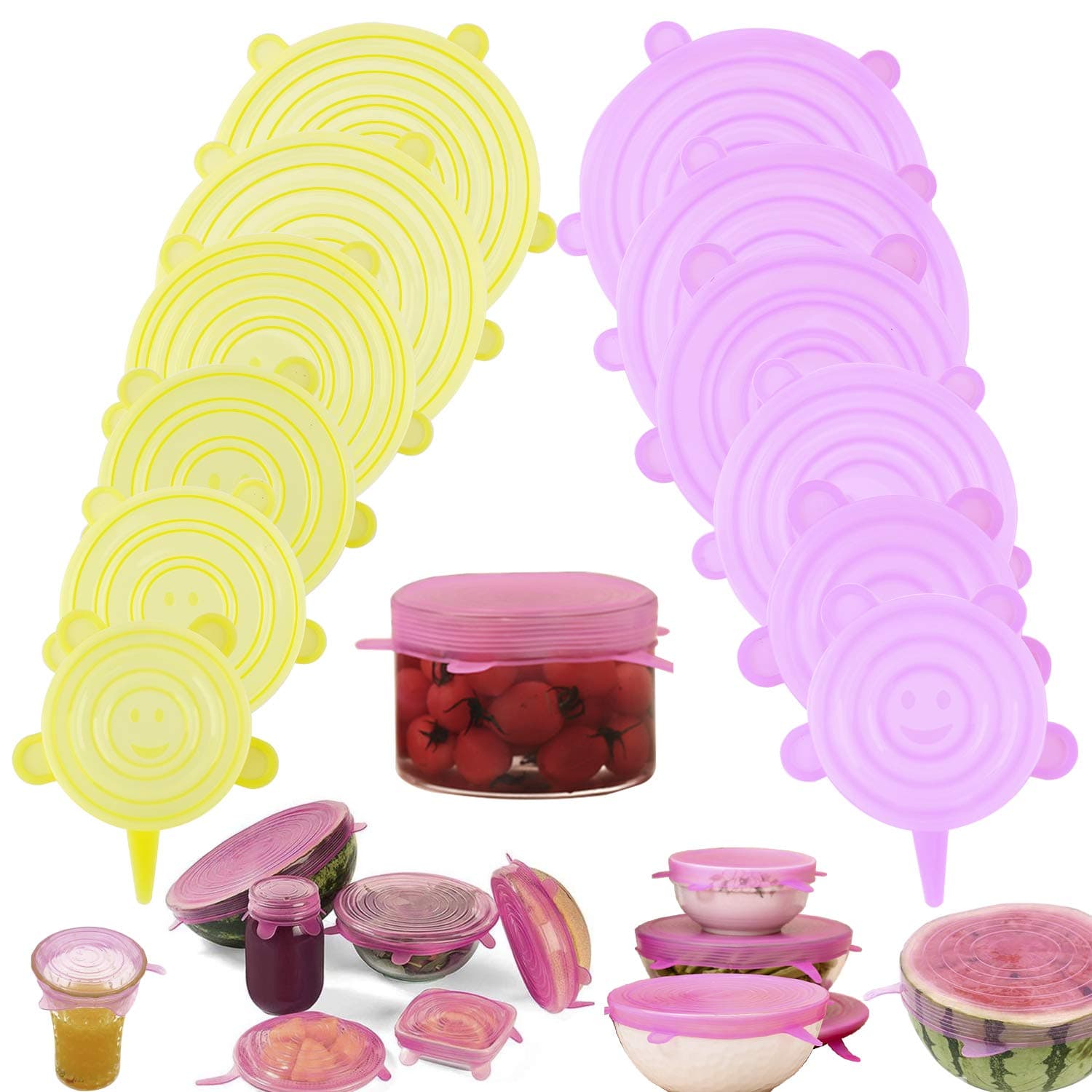 Arfbear Silicone Stretch Lids, 12 Pcs Reusable Food Covers Wraps, Various Sizes of BPA-Free Food Storage Cover for Fruit, Dishes, Bowls, Safe in Dishwasher, Microwave and Freezer (Yellow & Pink)