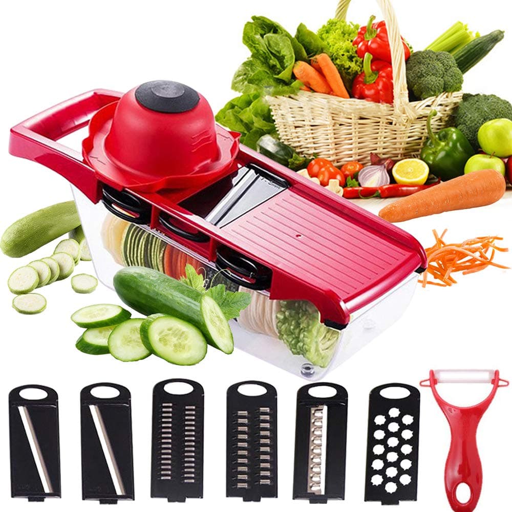 Vegetable Chopper Mandoline Slicer,6 in 1 mandoline slicer cutter chopper and grater with Hand Protector, Interchangeable Blades - for Cutting Onions, Potatoes, Carrots and Other Fruits
