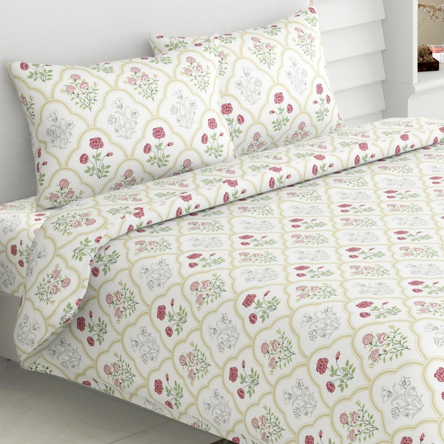 haus & kinder King Size Bedsheet with 2 Pillow Covers, 186 TC Cotton Bedsheets for Double Bed King Size 108X108 Inches Flat Bed Sheet | Rose Serenity