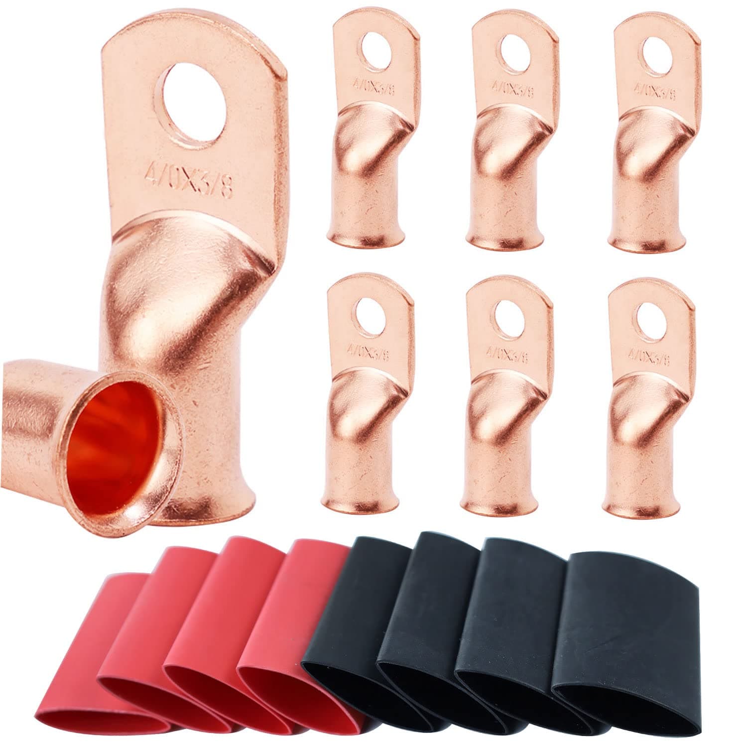 TKDMR 8pcs 4/0 AWG-3/8 Battery Lugs,Heavy Duty Wire Lugs,Ring Terminals,Battery Cable Ends,0 Guage terminals,Battery Terminal Connectors with 8pcs 3:1 Heat Shrink Tubing