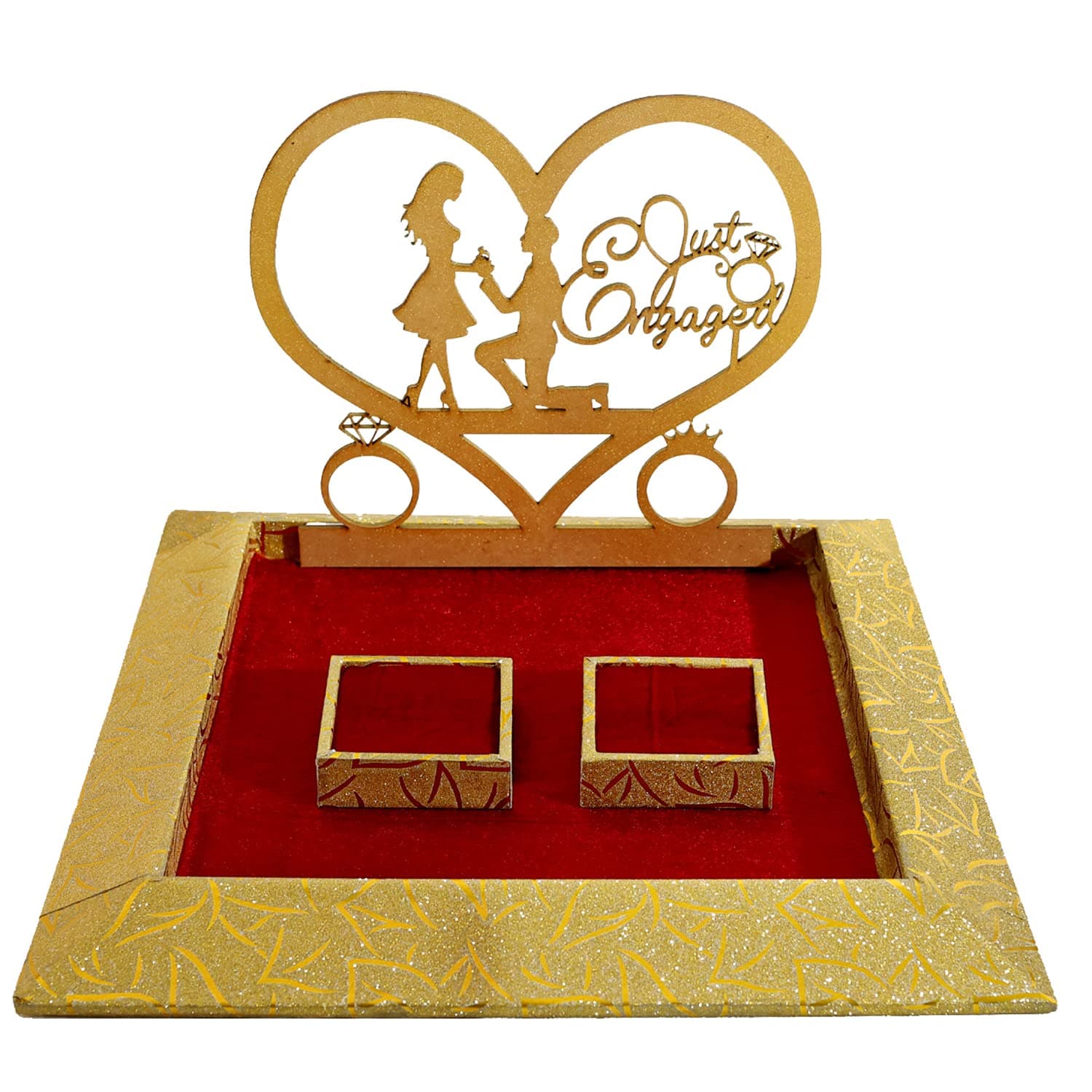 THE BRIDE MADE Wood Engagement Ring Platter 2 Ring Box Name Just Engaged Decorative Trays Wedding Ceremony Thali Gift Bride Groom Red/Golden (10x10x8 inch)