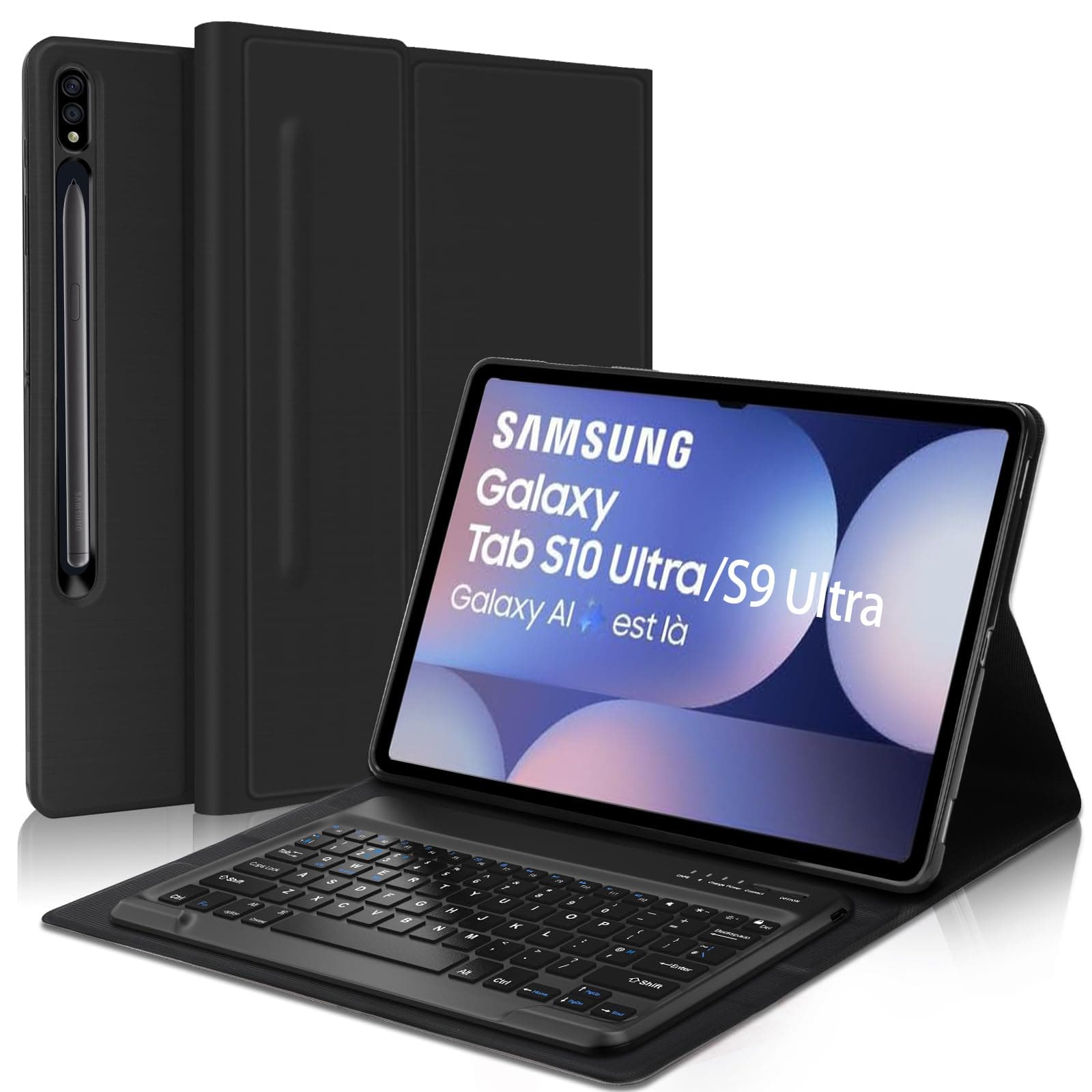 Keyboard Case for Samsung Galaxy Tab S10 Ultra 14.6 Inch 2024 - Galaxy Tab S9 Ultra Keyboard Case, QWERTY UK Layout Detachable Wireless BT Keyboard Smart Cover Black